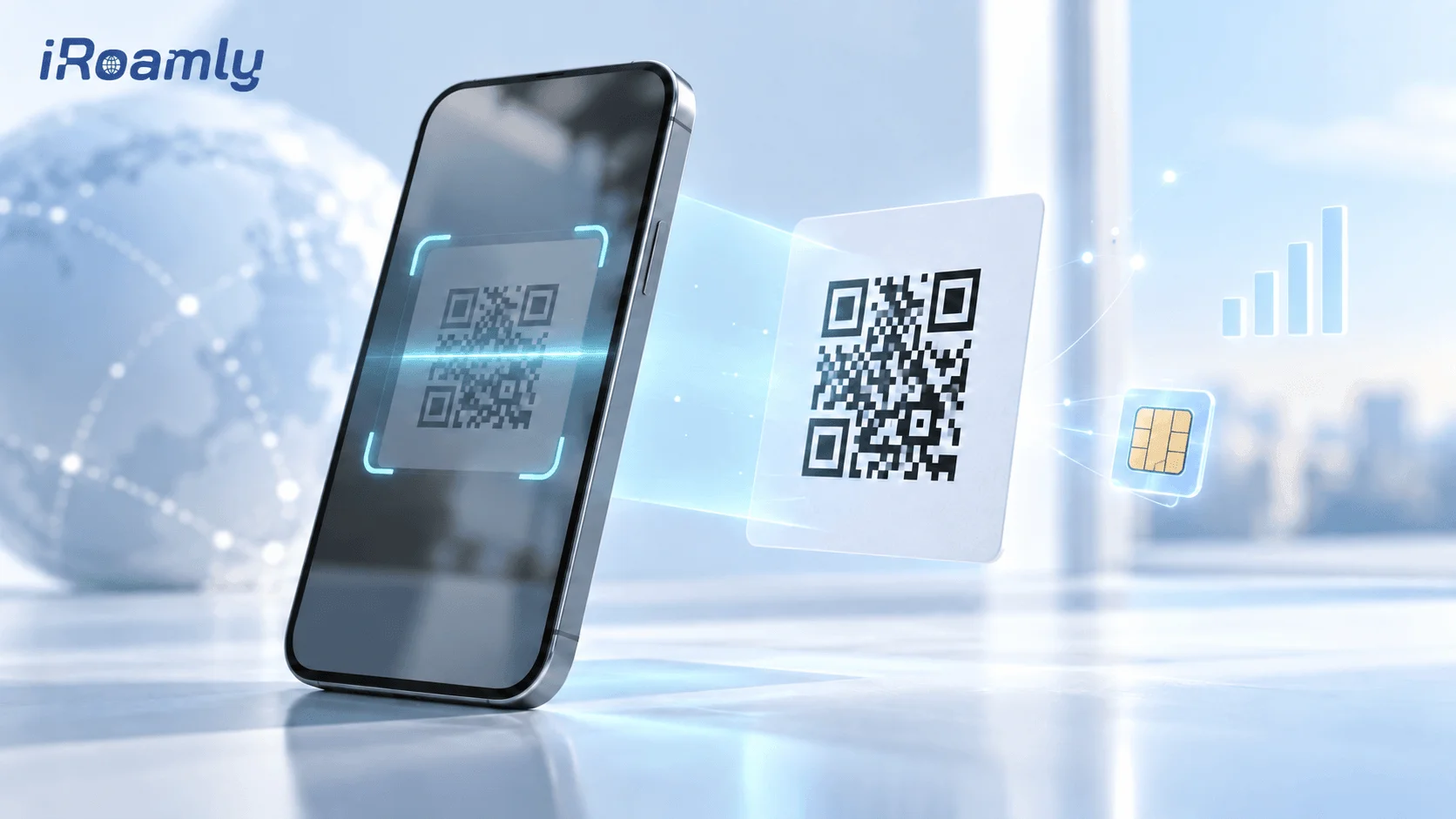 Smartphone scanning a QR code for eSIM activation Smartphone scanning a QR code for eSIM activation