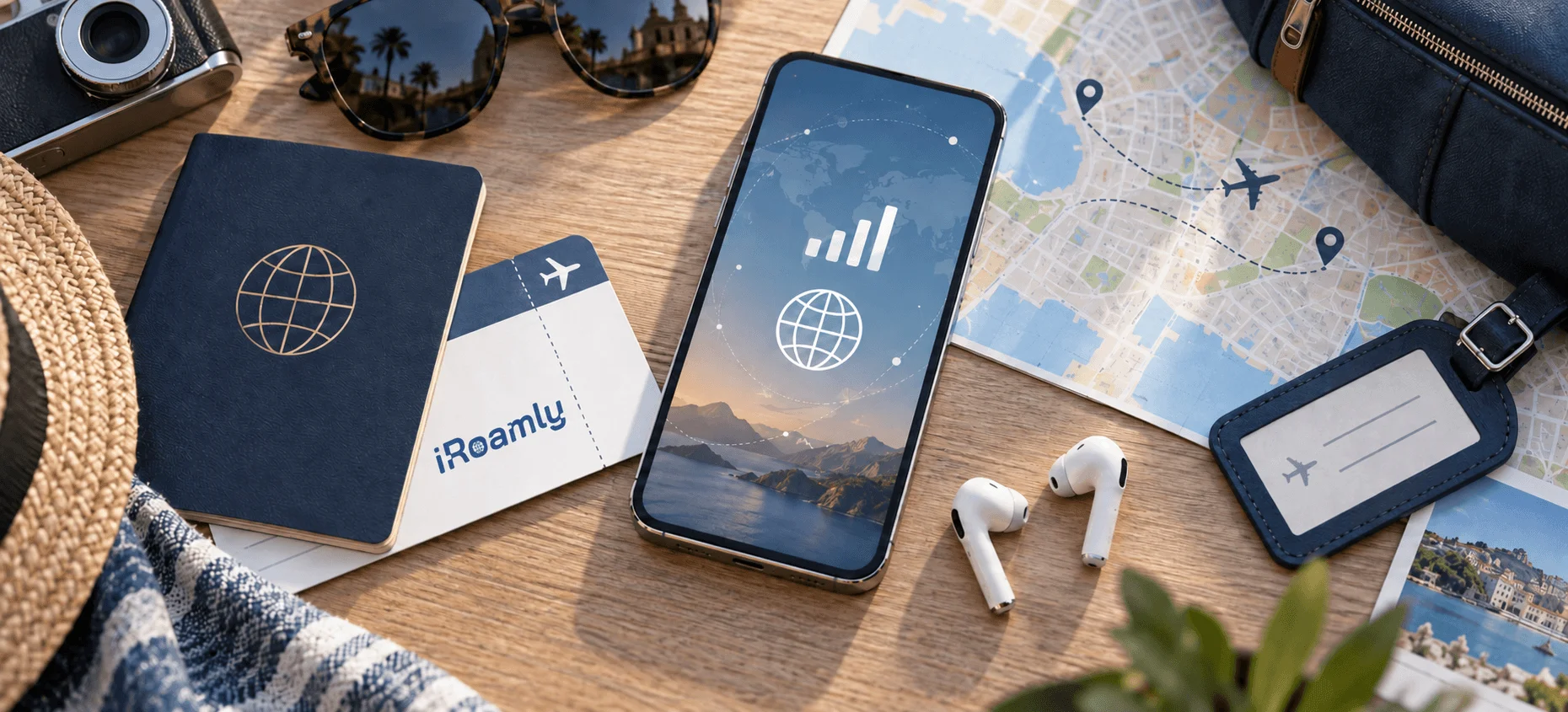 Smartphone with travel essentials and global mobile data connection Smartphone with travel essentials and global mobile data connection