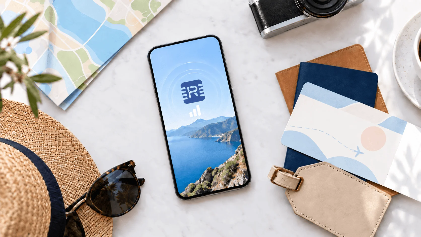 Smartphone with travel essentials and mobile connectivity Smartphone with travel essentials and mobile connectivity