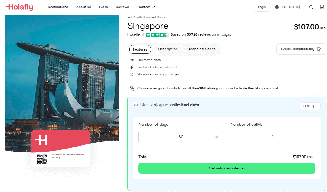 Planes eSIM Holafly Singapur