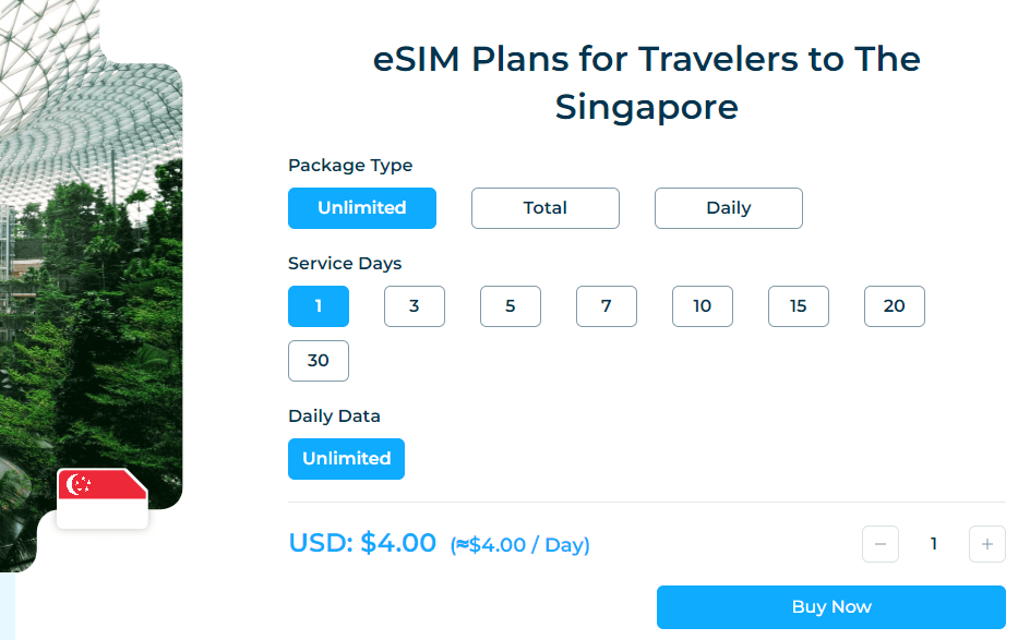 Tipos de paquetes eSIM de iRoamly Singapur 