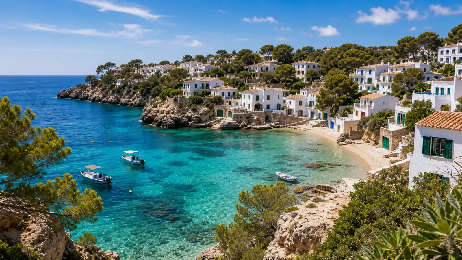 Balearic Islands cove with white village roofs and clear water Balearic Islands cove with white village roofs and clear water
