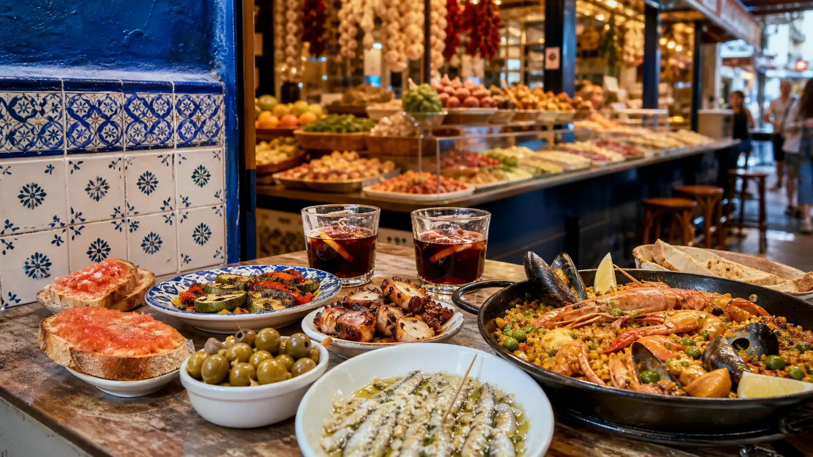 Barcelona tapas seafood and market food table Tisch mit Tapas, Meeresfrüchten und Marktgerichten in Barcelona