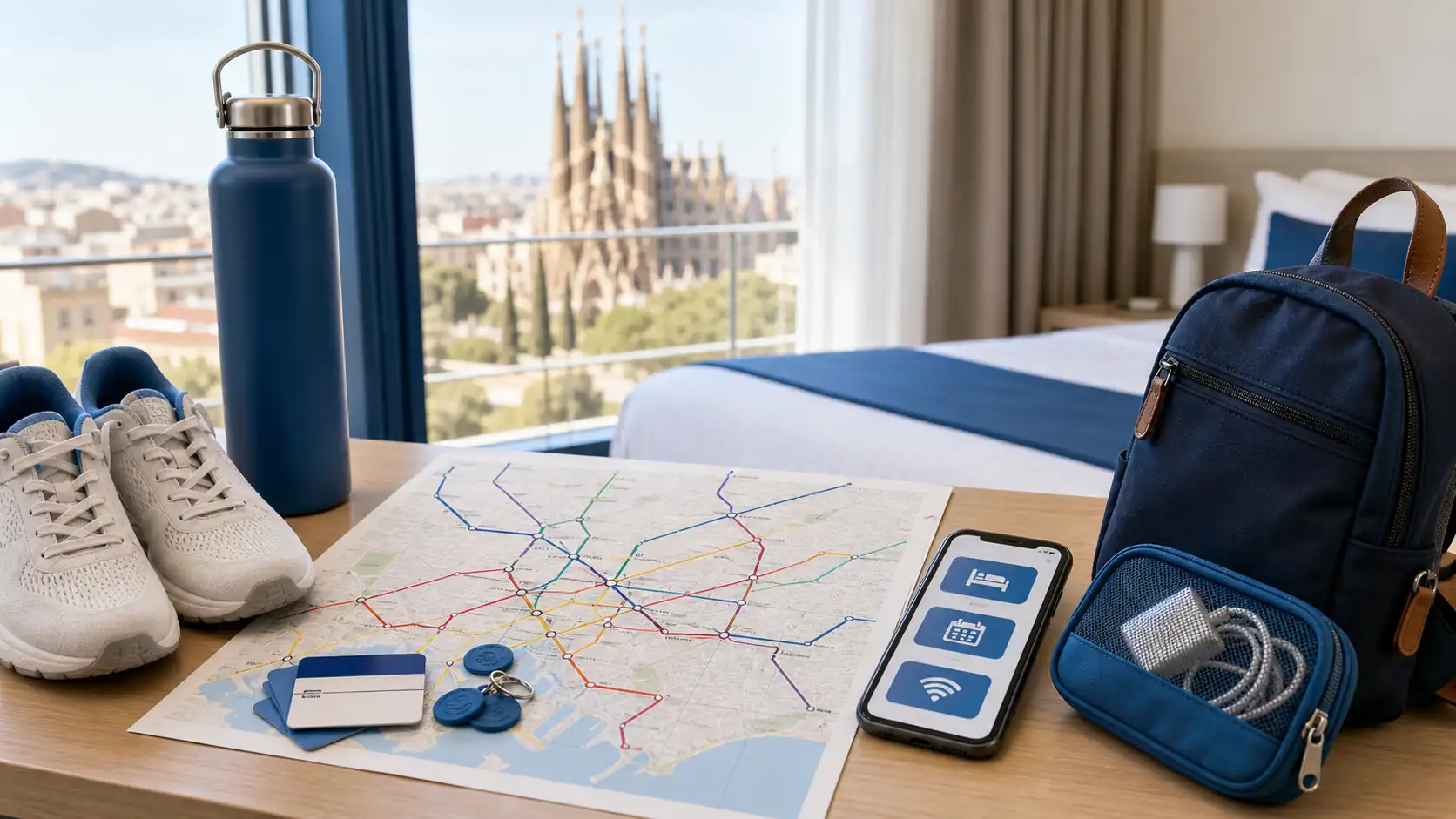 Barcelona travel planning desk with metro map phone and walking shoes Schreibtisch zur Reiseplanung für Barcelona mit U-Bahn-Karte, Telefon und Wanderschuhen