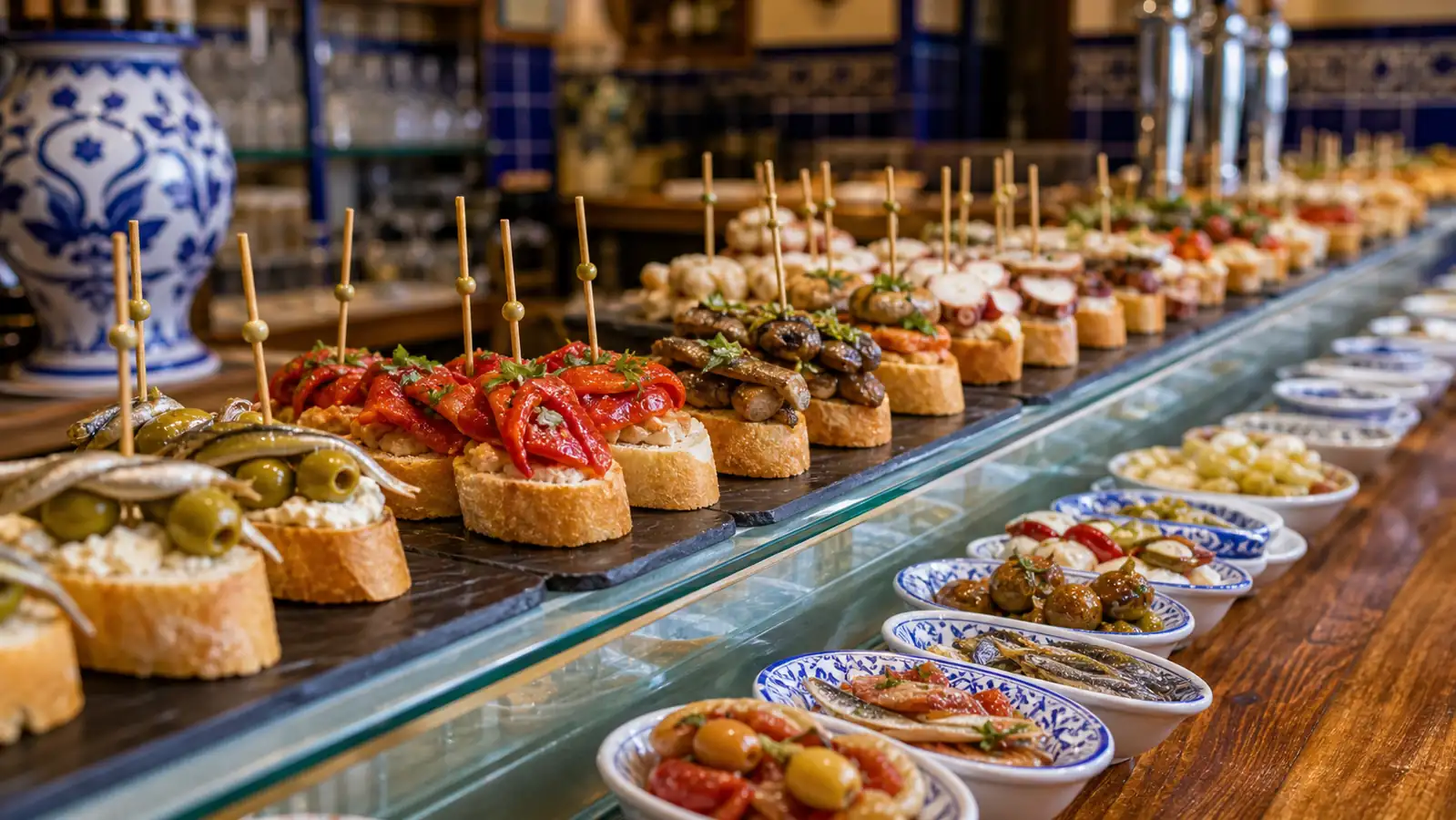 Basque pintxos counter with seafood and roasted pepper bites Basque pintxos counter with seafood and roasted pepper bites