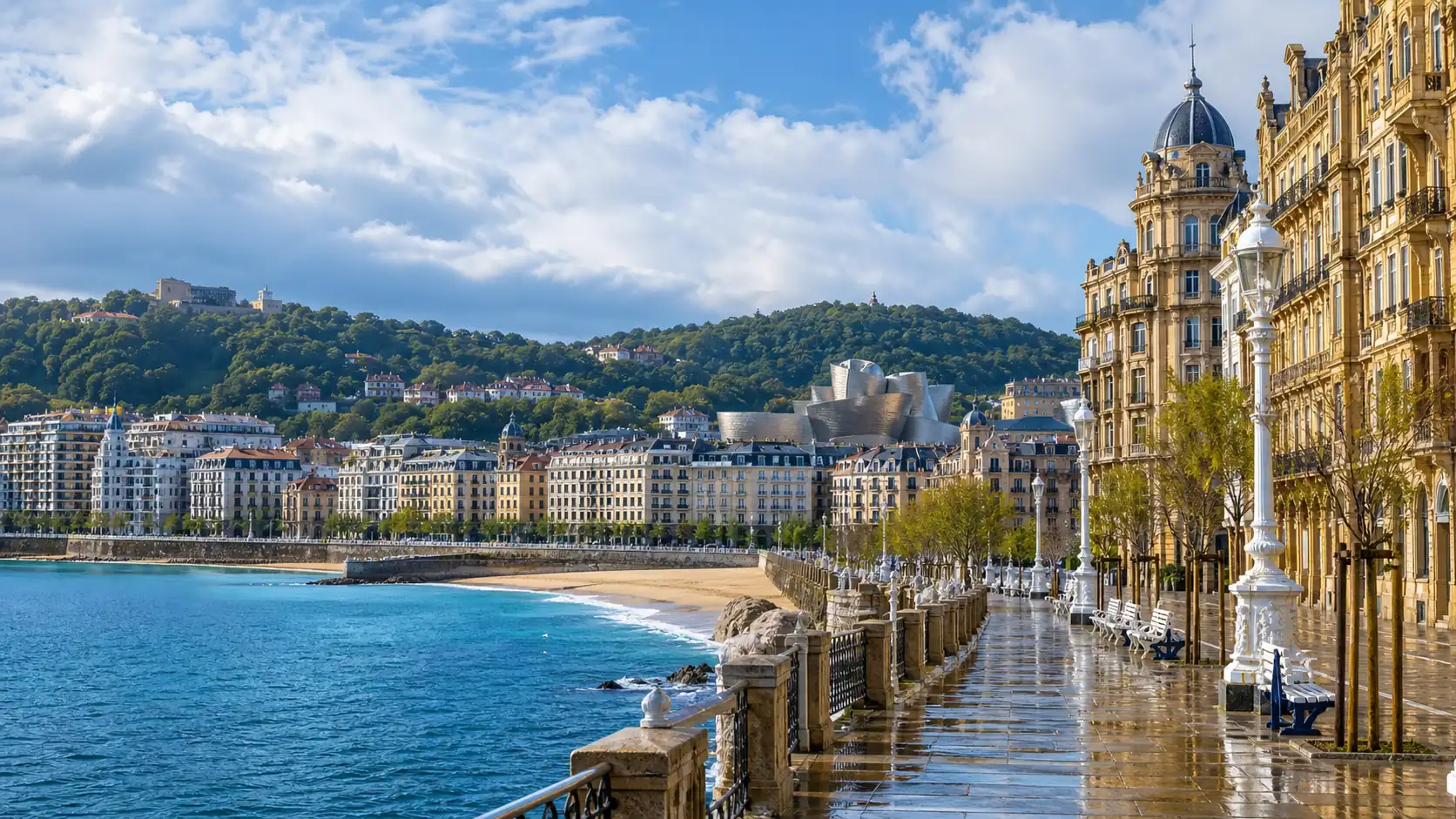 Northern Spain coastal city with green hills and elegant architecture Northern Spain coastal city with green hills and elegant architecture