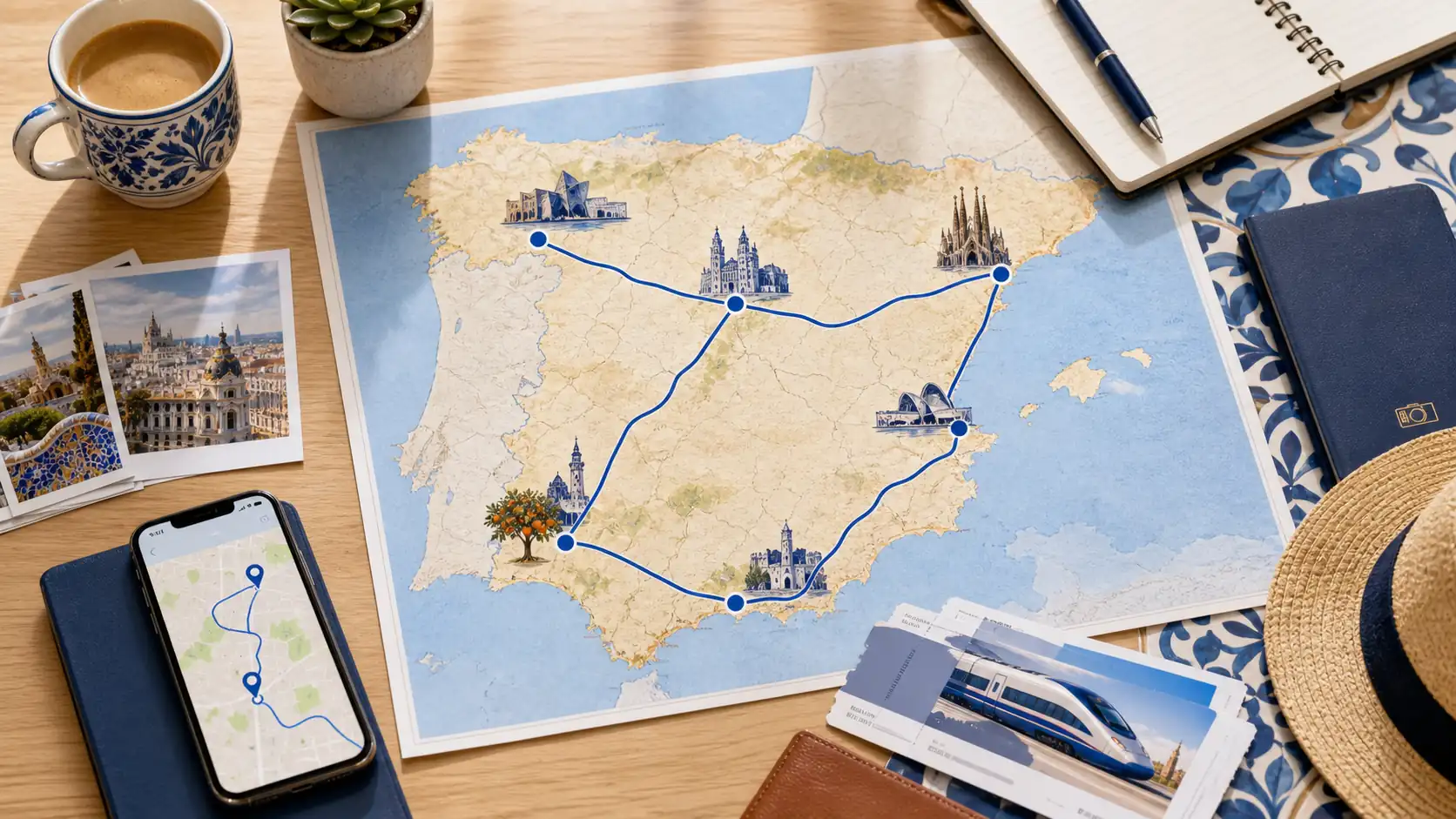 Spain city route planning desk with map and travel notes Spain city route planning desk with map and travel notes