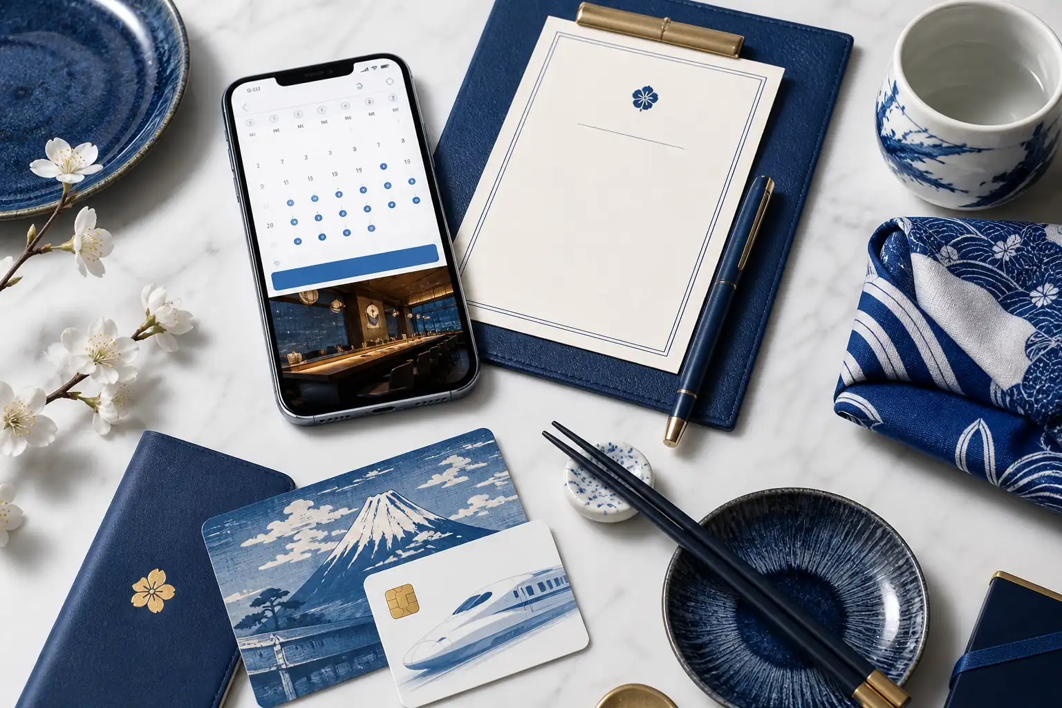 Japan restaurant booking planning image with calendar, phone, and travel essentials Japan restaurant booking planning image with calendar, phone, and travel essentials