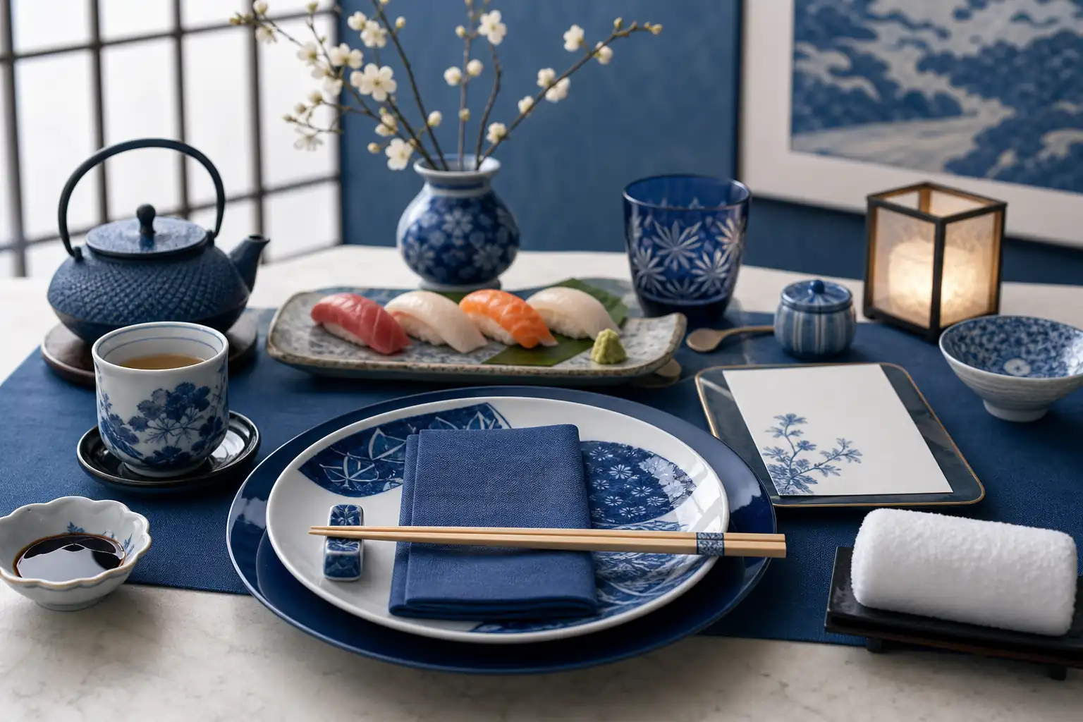Elegant Japanese dining etiquette image with table setting, chopsticks, and restaurant details Elegant Japanese dining etiquette image with table setting, chopsticks, and restaurant details