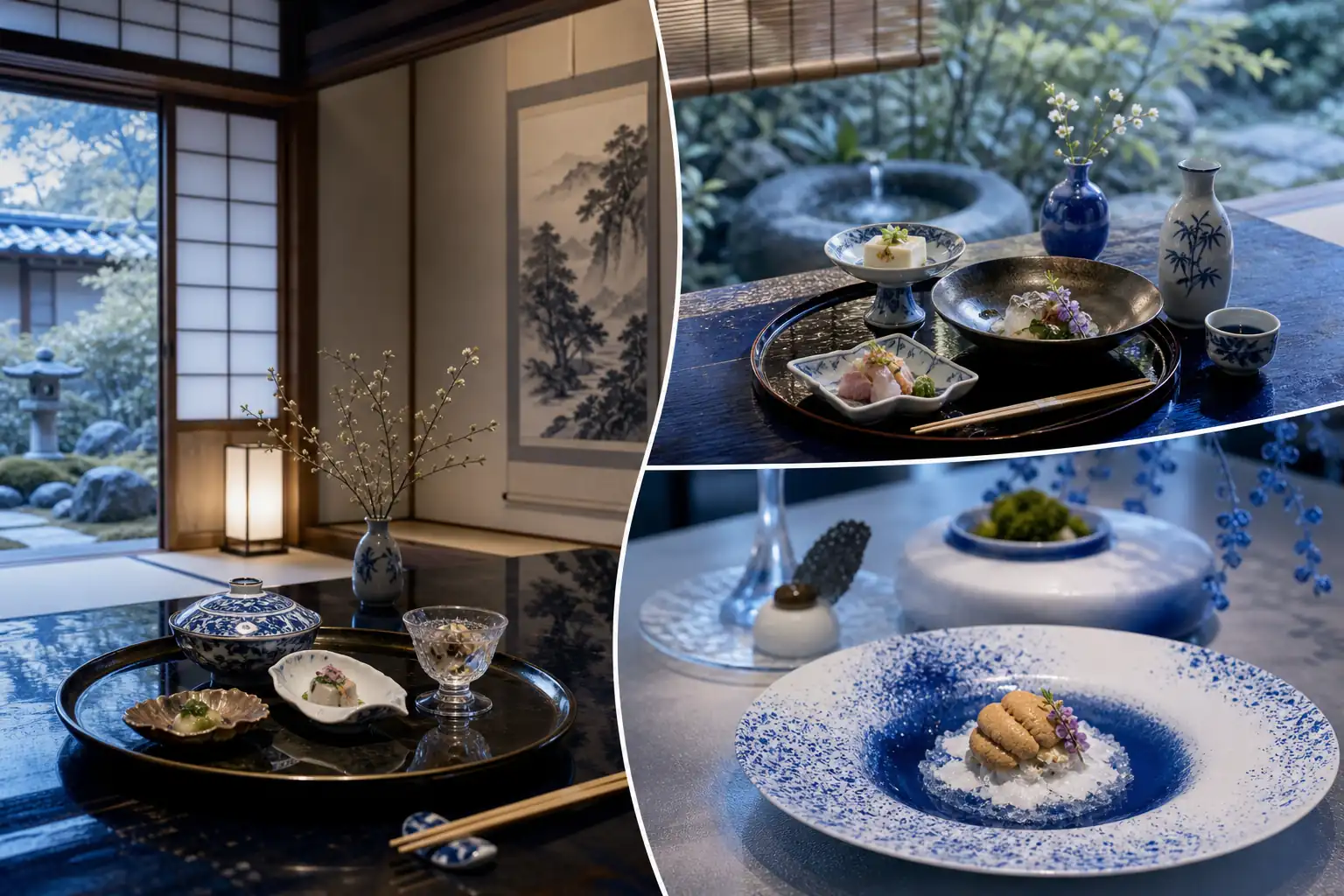 Kyoto and Osaka fine-dining image with kaiseki, tea-house atmosphere, and modern tasting-menu details Kyoto and Osaka fine-dining image with kaiseki, tea-house atmosphere, and modern tasting-menu details
