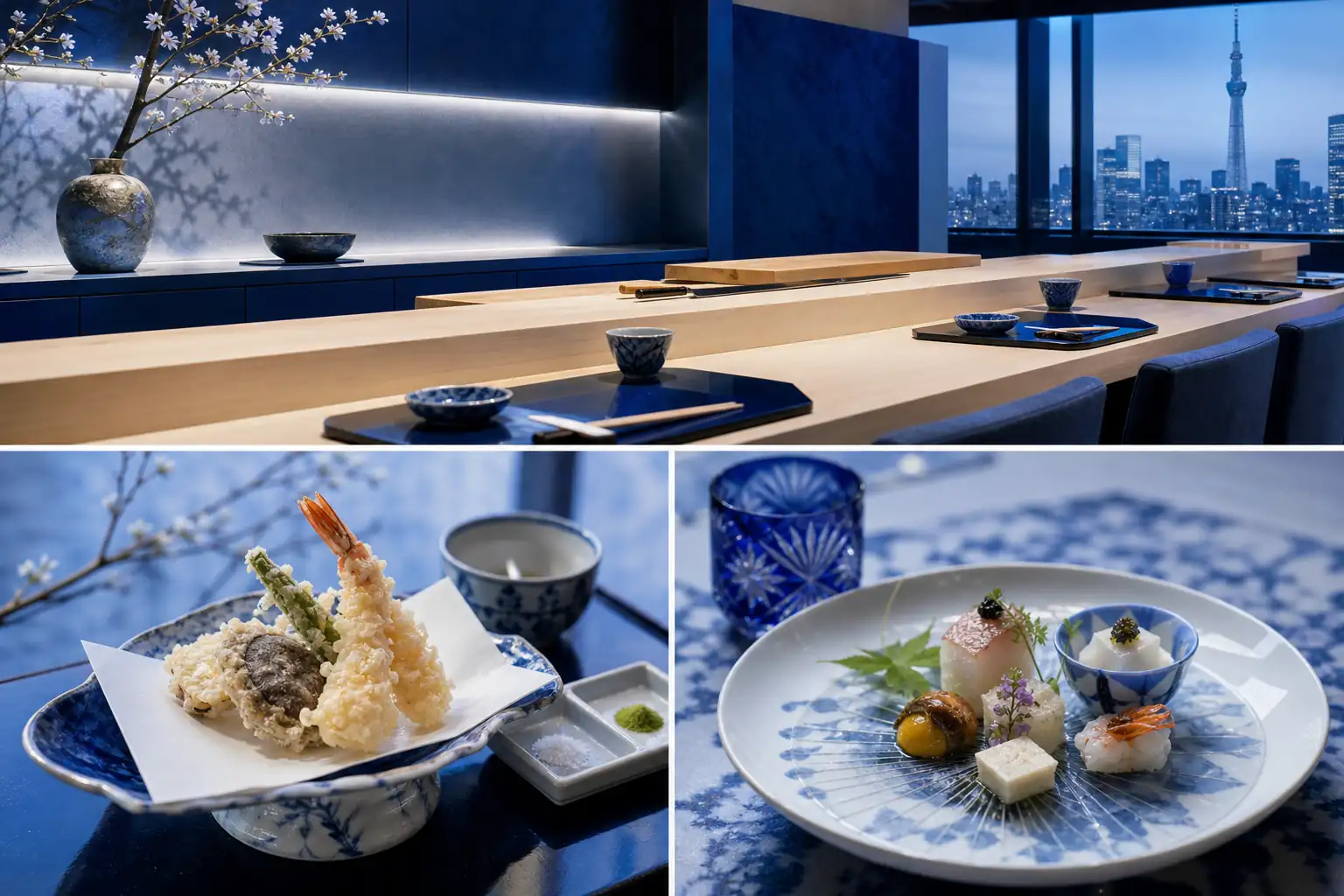 Tokyo fine-dining scene with sushi, tempura, and modern Japanese presentation Tokyo fine-dining scene with sushi, tempura, and modern Japanese presentation