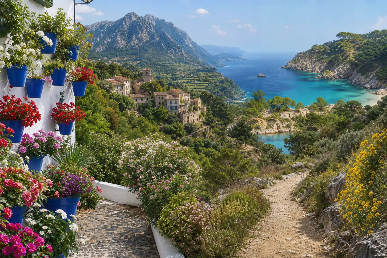Flowered Spanish village, green hiking country, and Mediterranean cove in May Flowered Spanish village, green hiking country, and Mediterranean cove in May