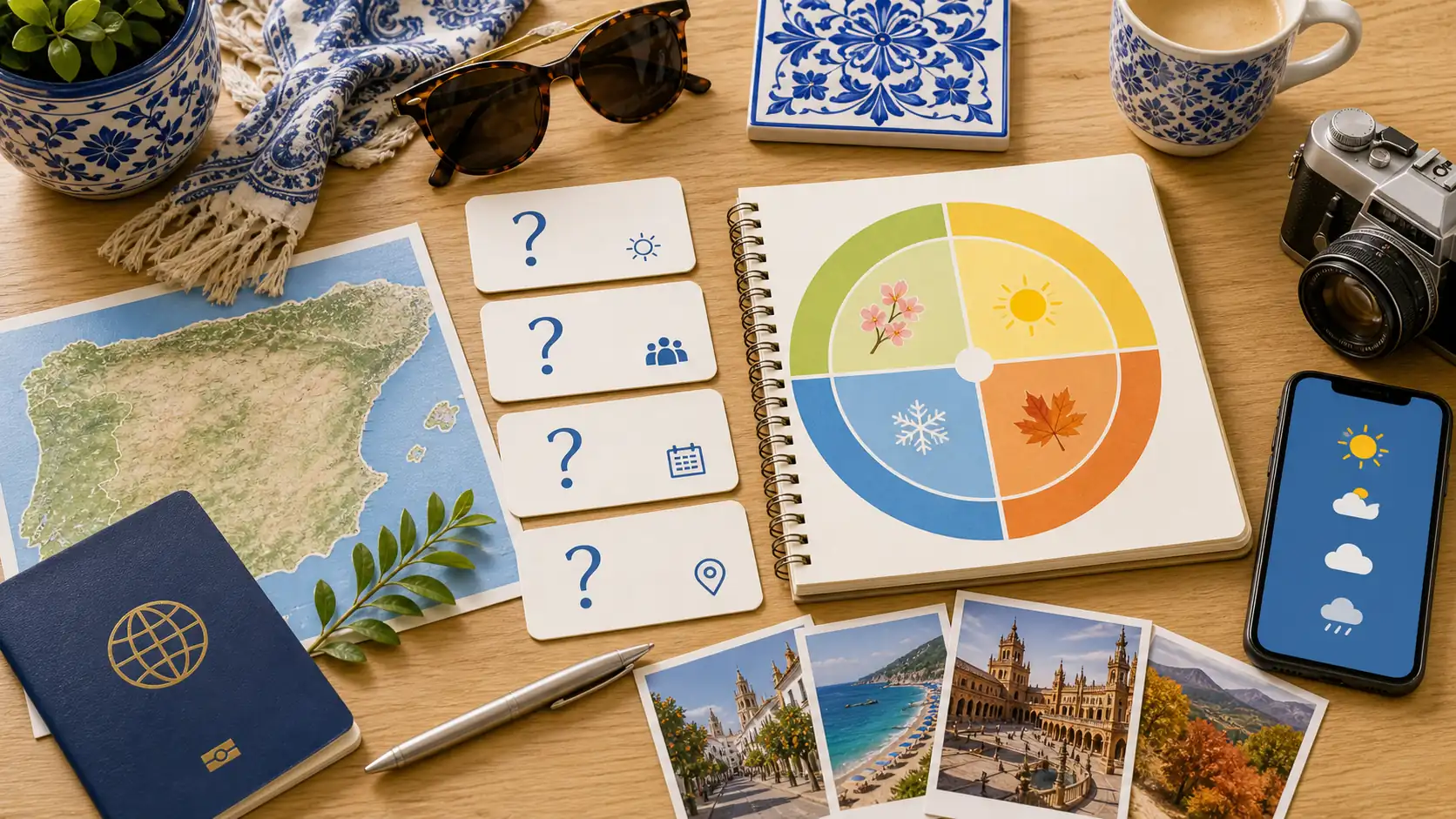 Spain best time to visit FAQ planning desk with seasonal travel items Spain best time to visit FAQ planning desk with seasonal travel items