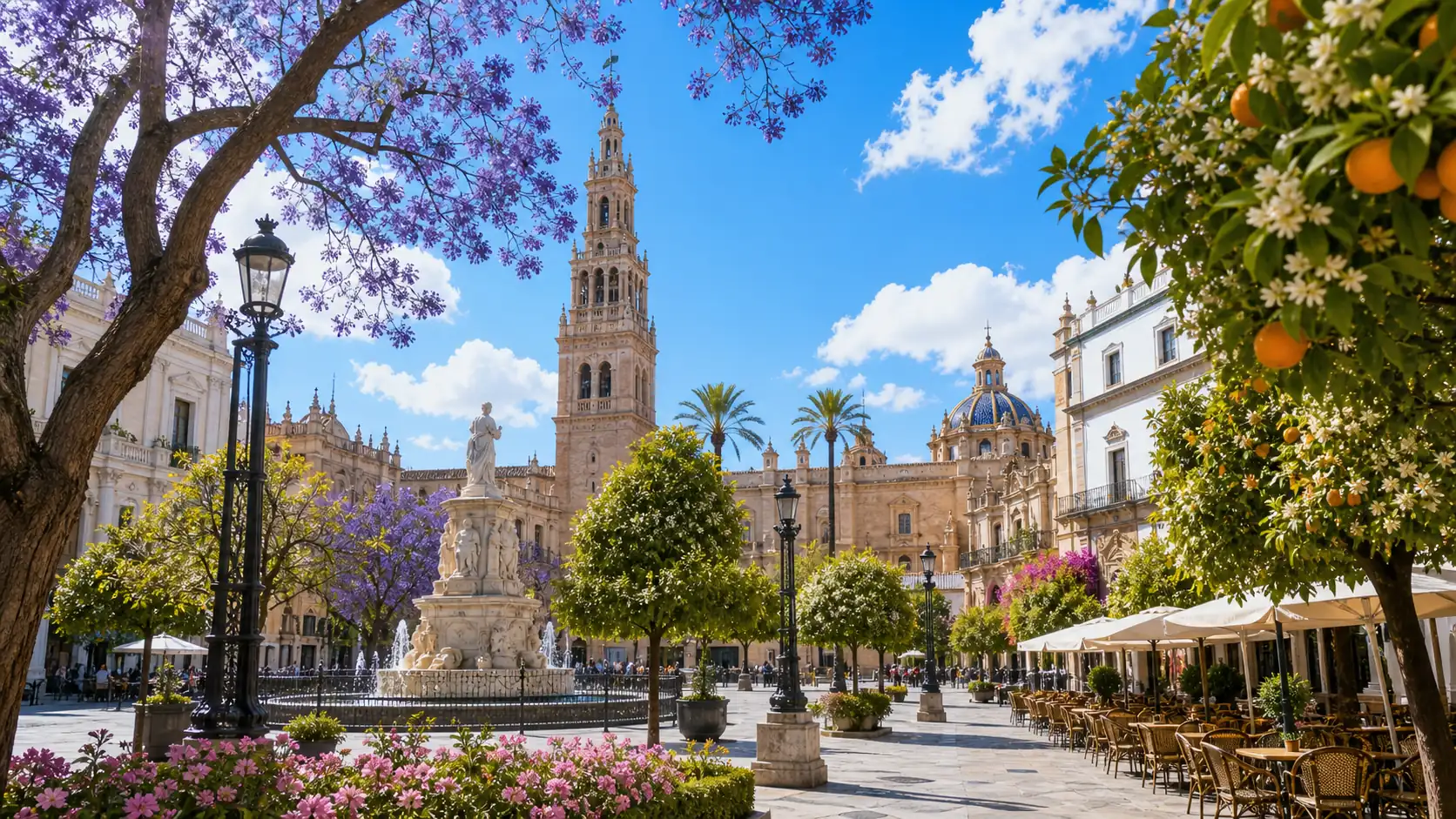 Spring city plaza in Spain for mild weather travel Spring city plaza in Spain for mild weather travel