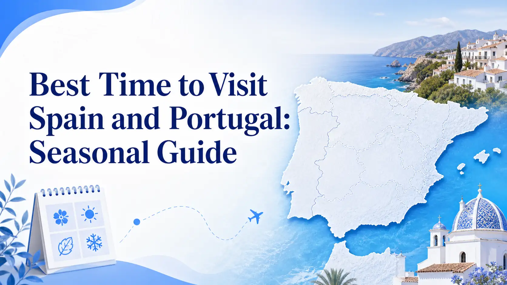 Best Time to Visit Spain and Portugal Seasonal Guide cover with Iberia map and coast Best Time to Visit Spain and Portugal Seasonal Guide cover with Iberia map and coast