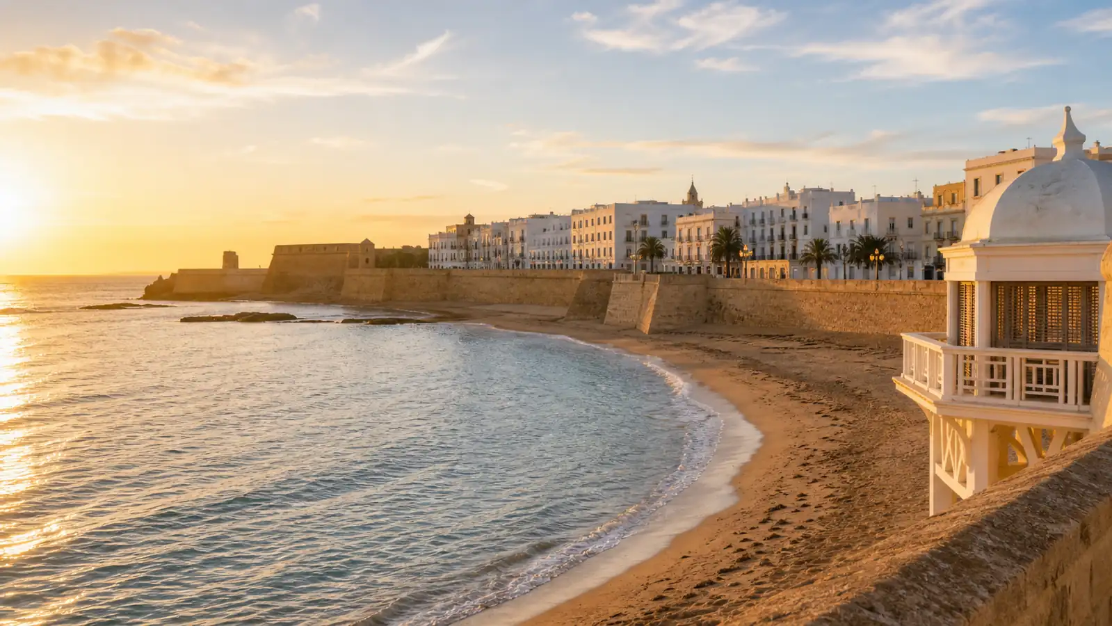 La Caleta beach in Cadiz at sunset with old sea walls La Caleta beach in Cadiz at sunset with old sea walls