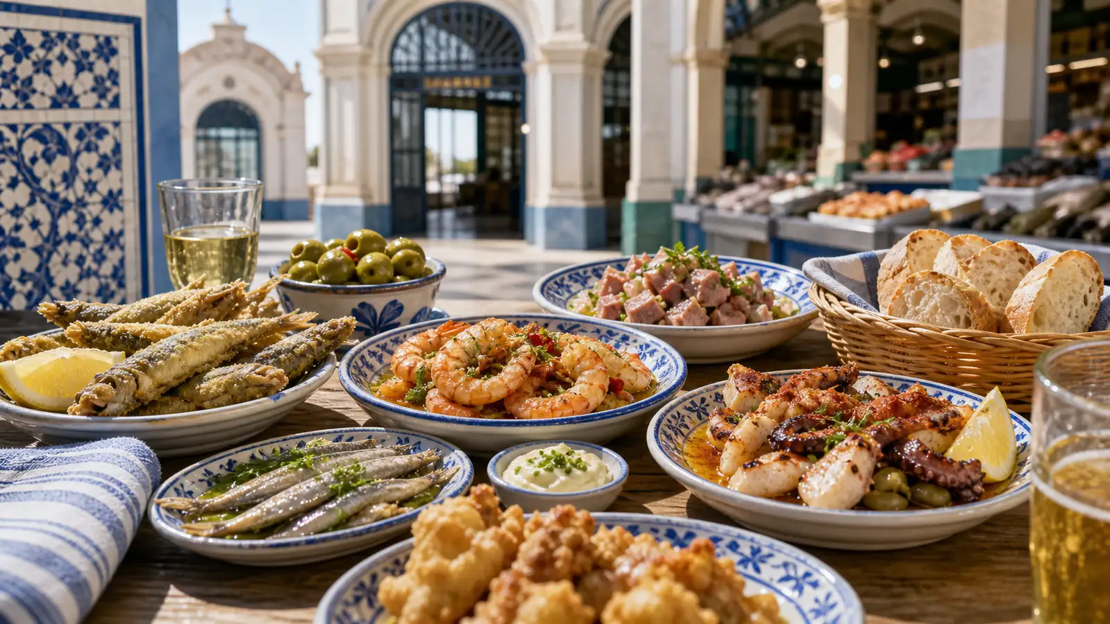 Cadiz seafood tapas and market food on blue and white ceramics Cadiz seafood tapas and market food on blue and white ceramics