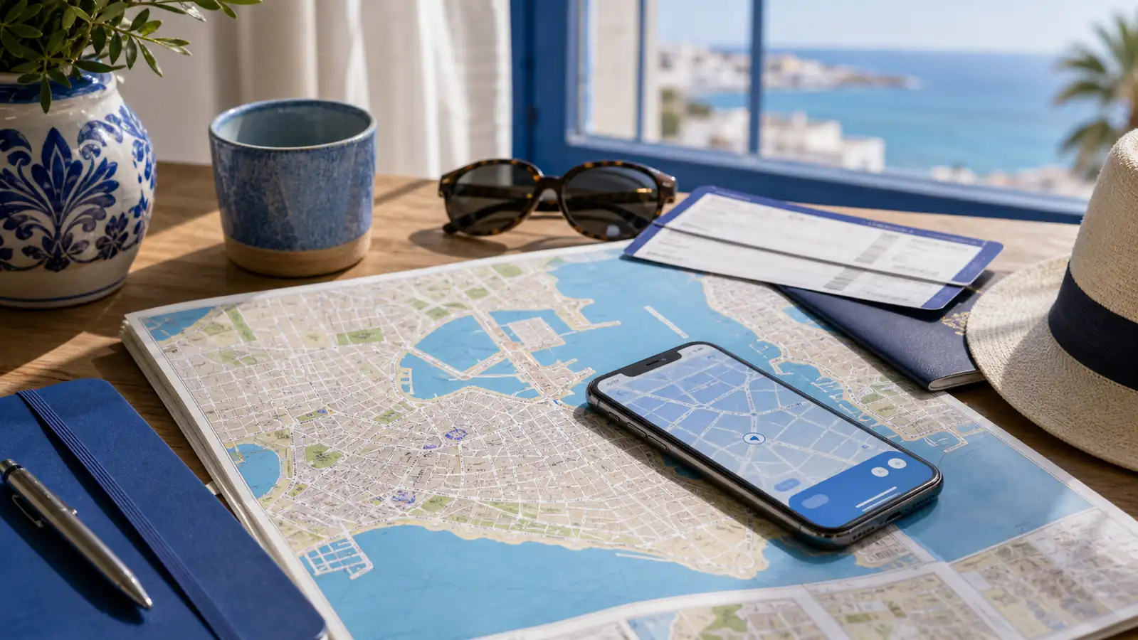 Cadiz travel planning desk with map and phone navigation Cadiz travel planning desk with map and phone navigation