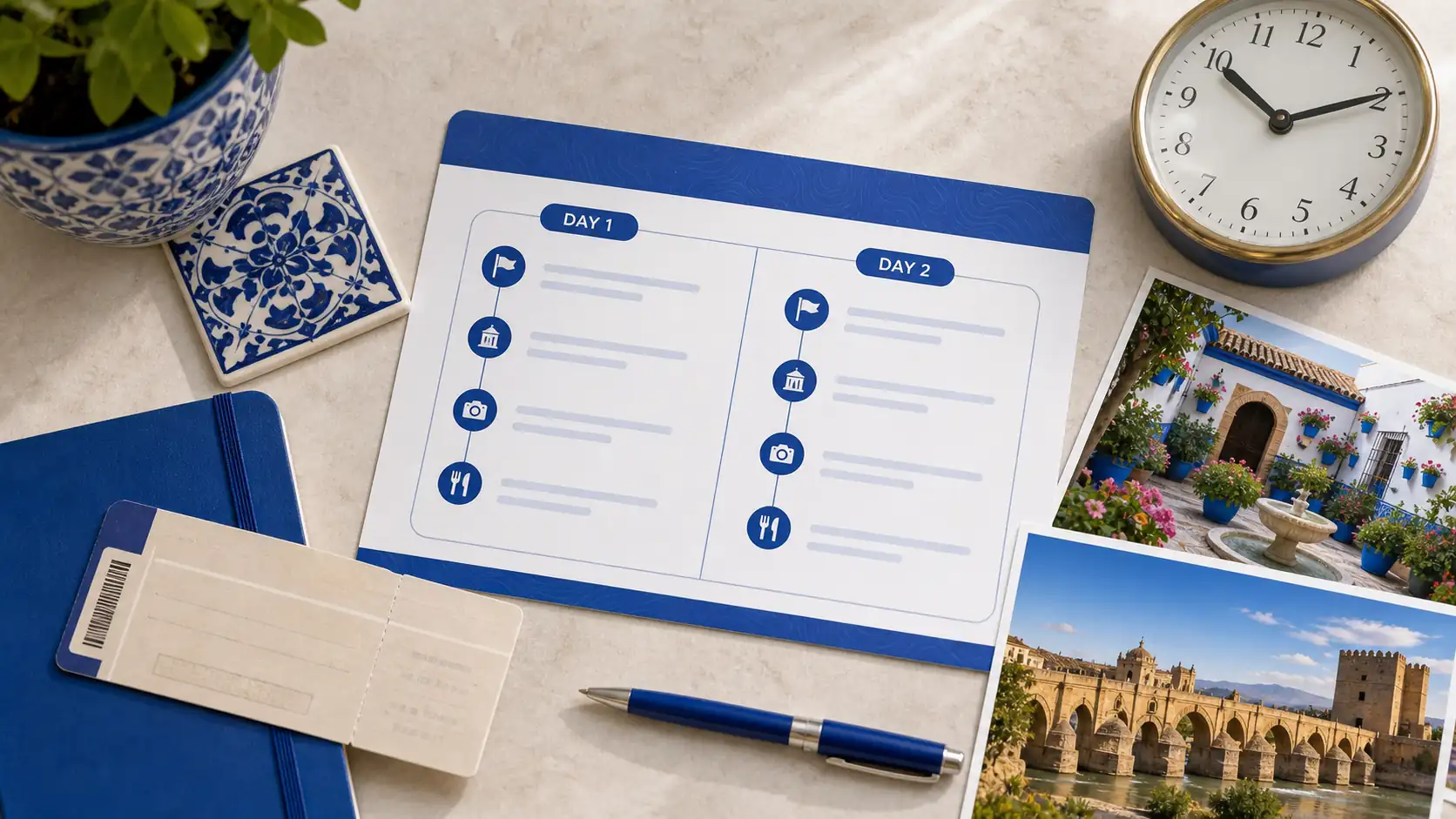 Cordoba itinerary planning scene with route notes and travel items Cordoba itinerary planning scene with route notes and travel items