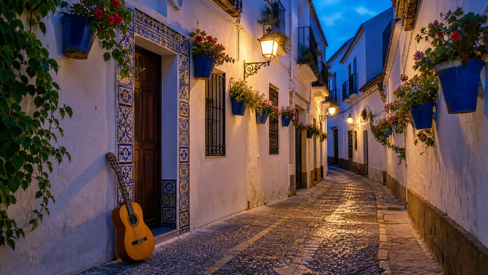 Evening street in Cordoba Jewish Quarter with lanterns and guitar Evening street in Cordoba Jewish Quarter with lanterns and guitar