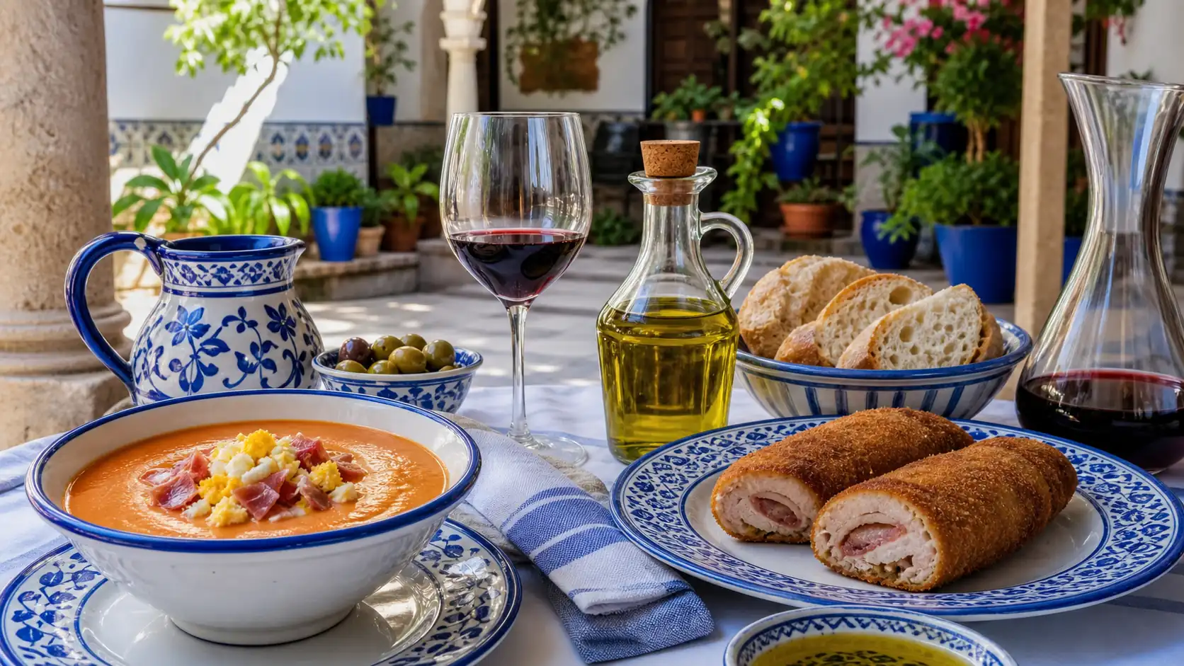 Cordoba local food table with salmorejo and flamenquin Cordoba local food table with salmorejo and flamenquin
