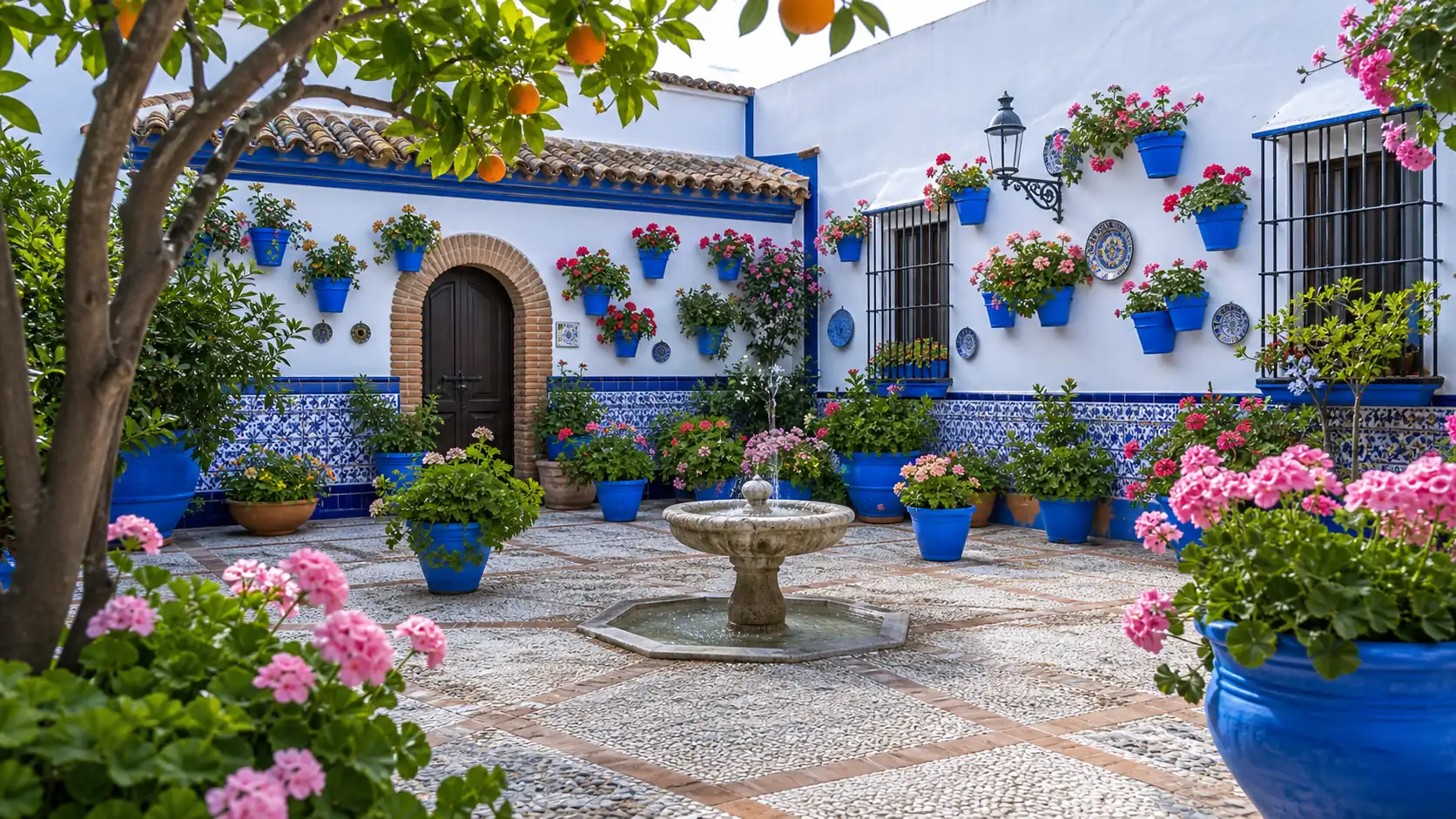 Flower-filled Cordoba patio courtyard with fountain and blue pots Flower-filled Cordoba patio courtyard with fountain and blue pots