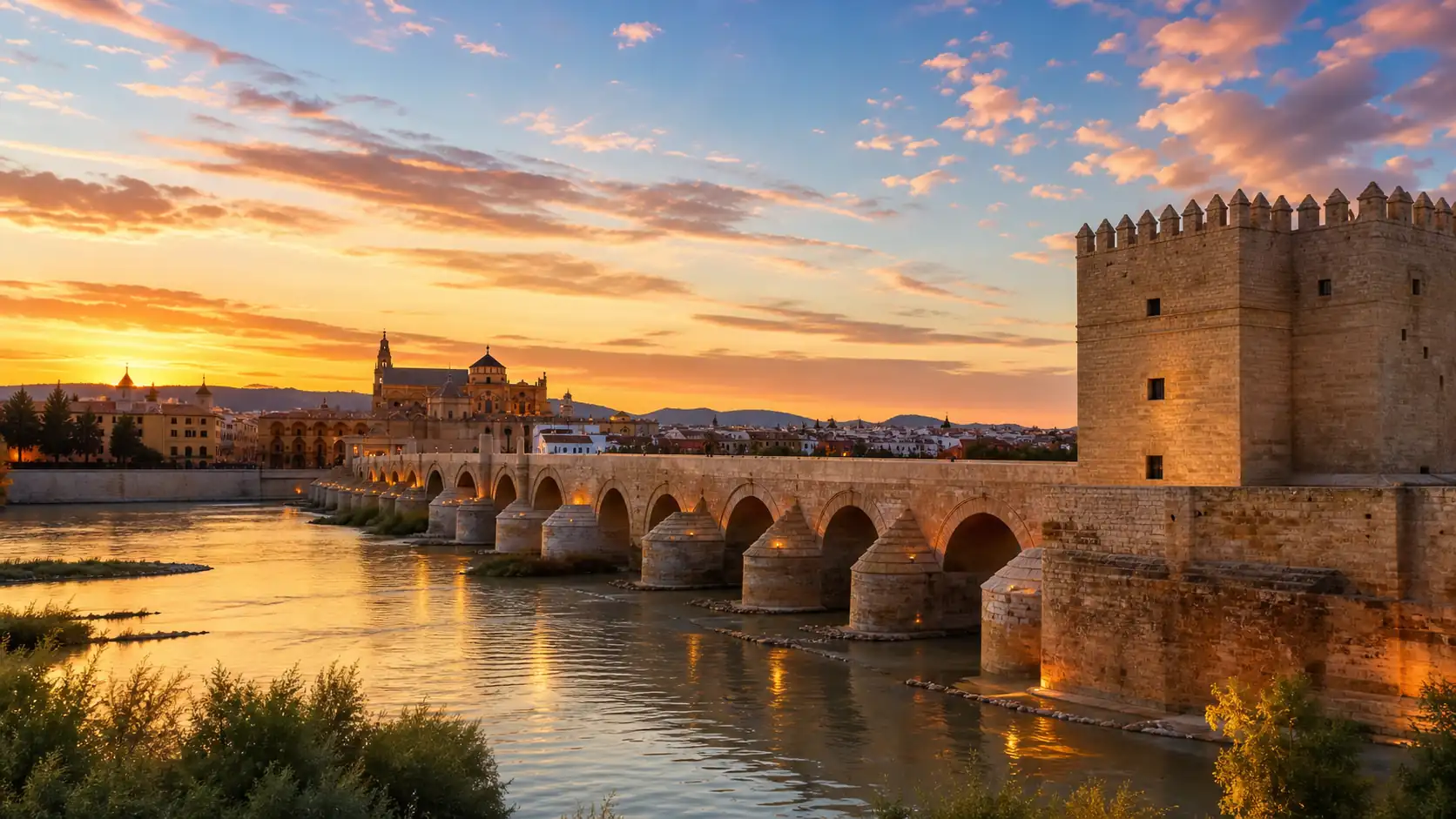 Cordoba Roman Bridge and Calahorra Tower at sunset Cordoba Roman Bridge and Calahorra Tower at sunset