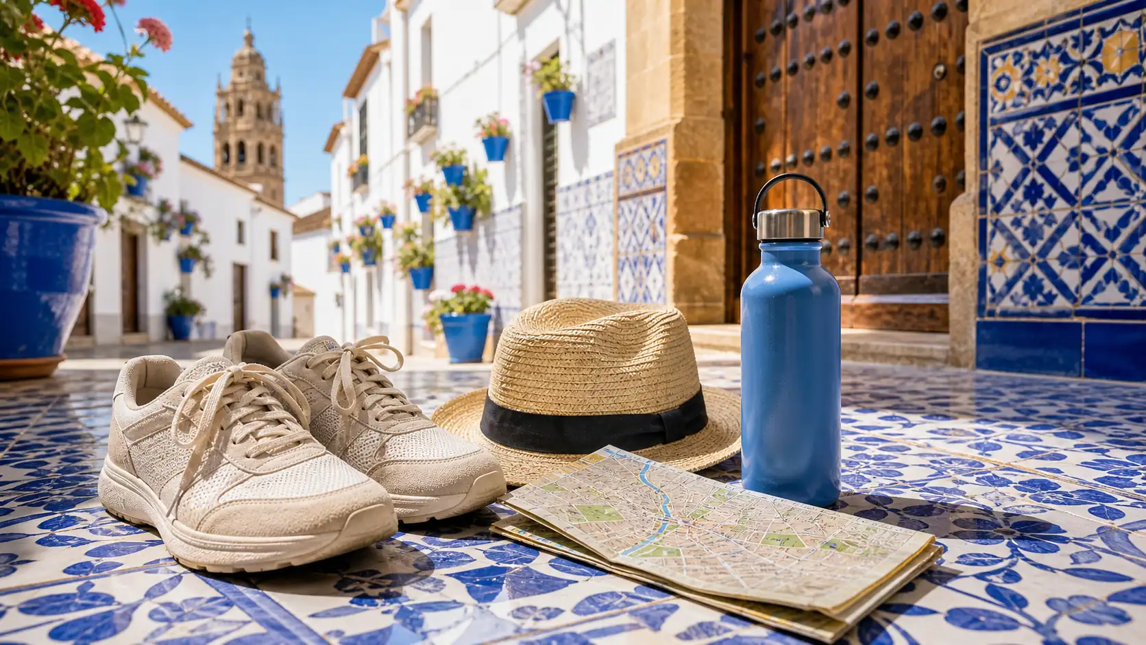 Cordoba hot weather travel essentials with shoes hat and water bottle Cordoba hot weather travel essentials with shoes hat and water bottle