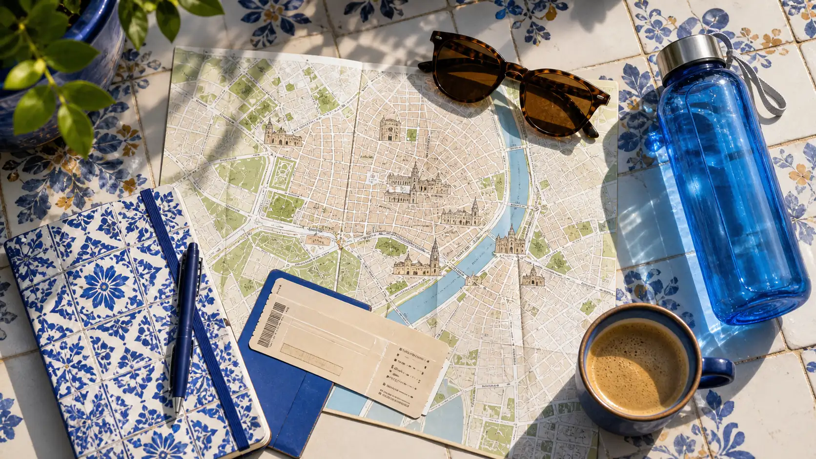 Cordoba trip planning flatlay with travel essentials and patio tiles Cordoba trip planning flatlay with travel essentials and patio tiles