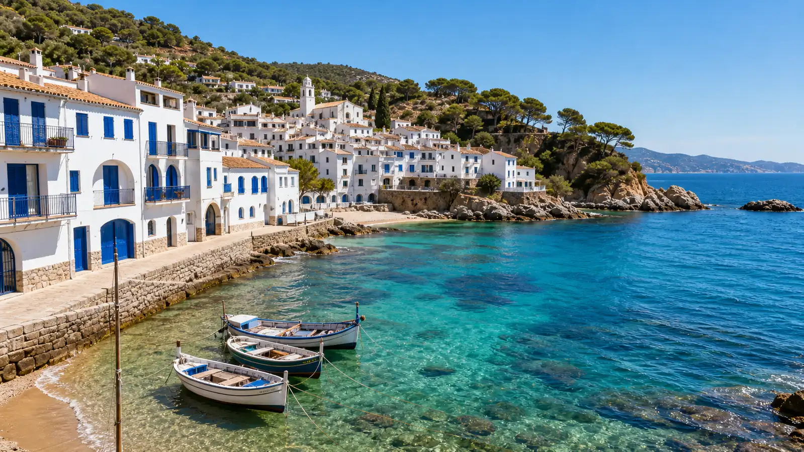 White Mediterranean beach town with turquoise cove and fishing boats White Mediterranean beach town with turquoise cove and fishing boats