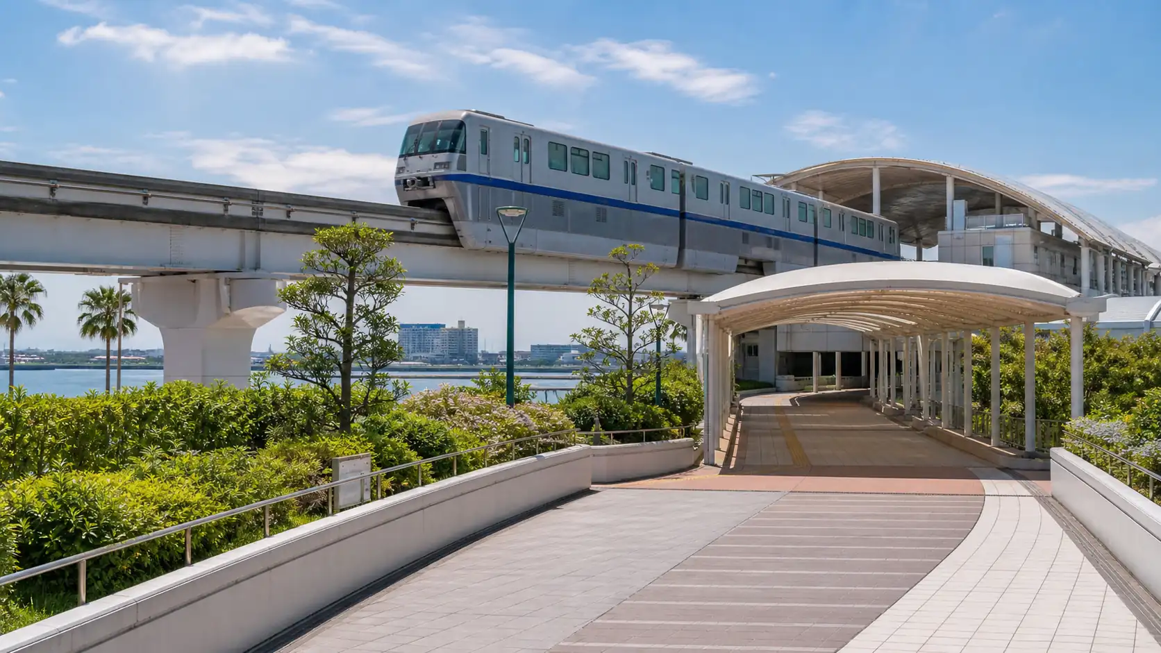 Tokyo Bay resort rail and walkway scene for Disney Japan transport planning Tokyo Bay resort rail and walkway scene for Disney Japan transport planning