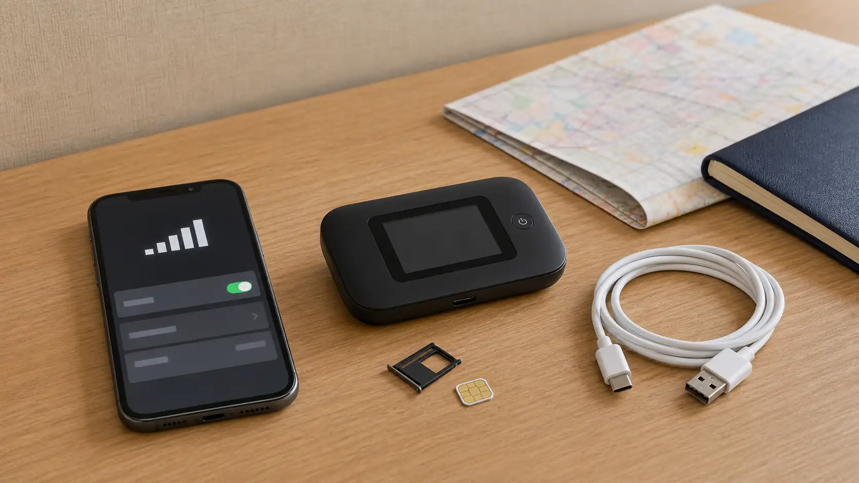 Travel connectivity options with phone, pocket WiFi router, SIM card and charger Travel connectivity options with phone, pocket WiFi router, SIM card and charger
