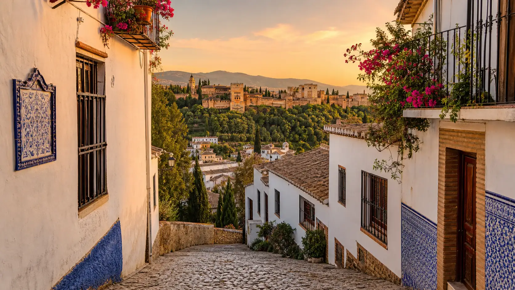 Whitewashed Albaicin hillside streets in Granada at sunset Whitewashed Albaicin hillside streets in Granada at sunset