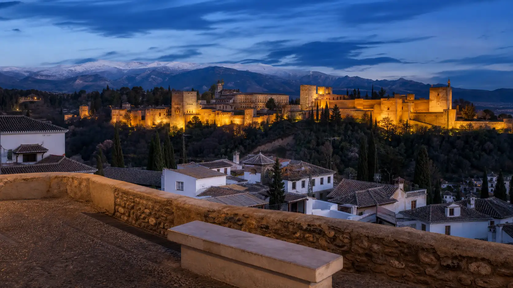 Alhambra view from Mirador de San Nicolas at dusk Alhambra view from Mirador de San Nicolas at dusk
