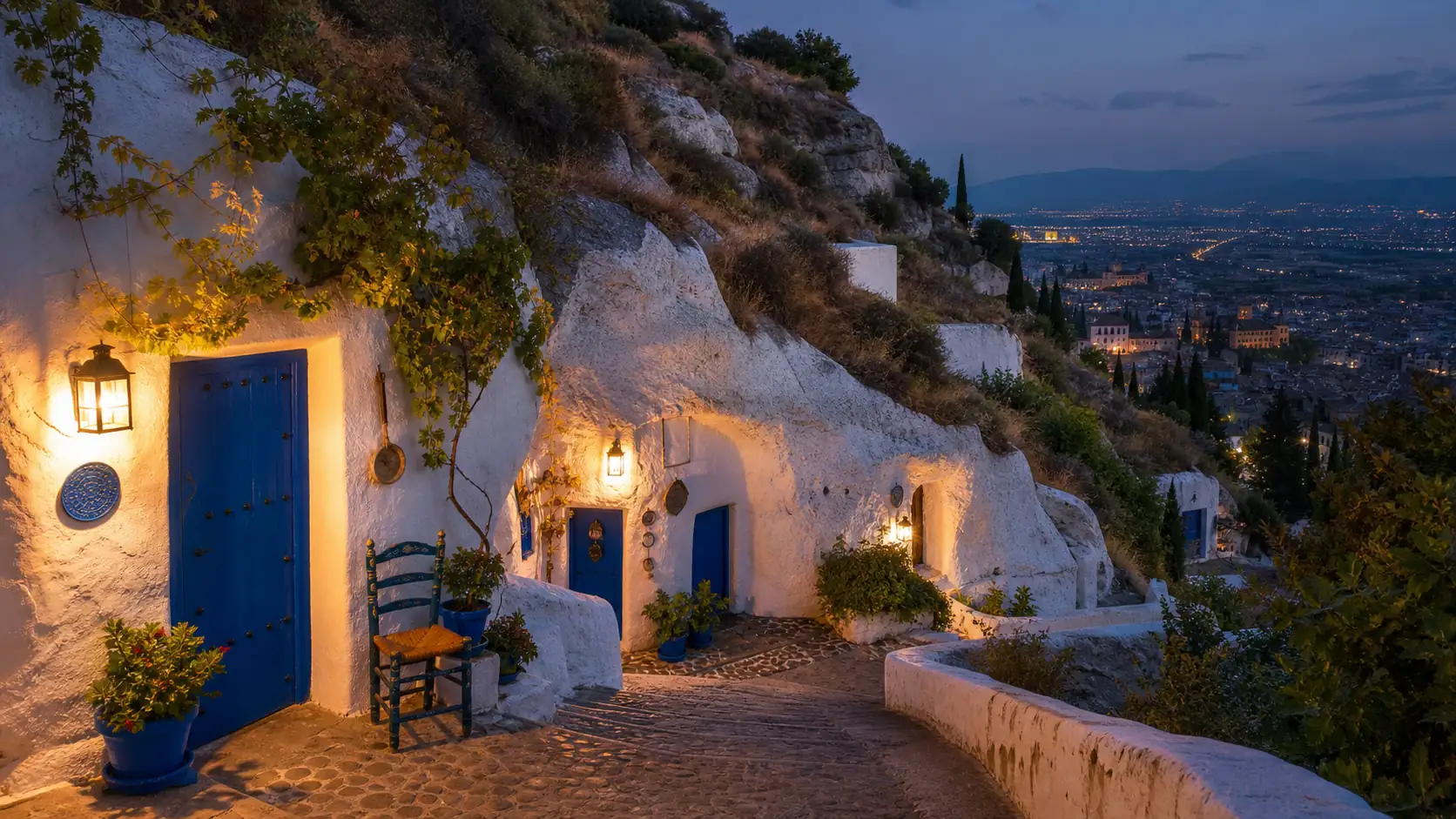 Sacromonte cave houses on a Granada hillside at evening Sacromonte cave houses on a Granada hillside at evening