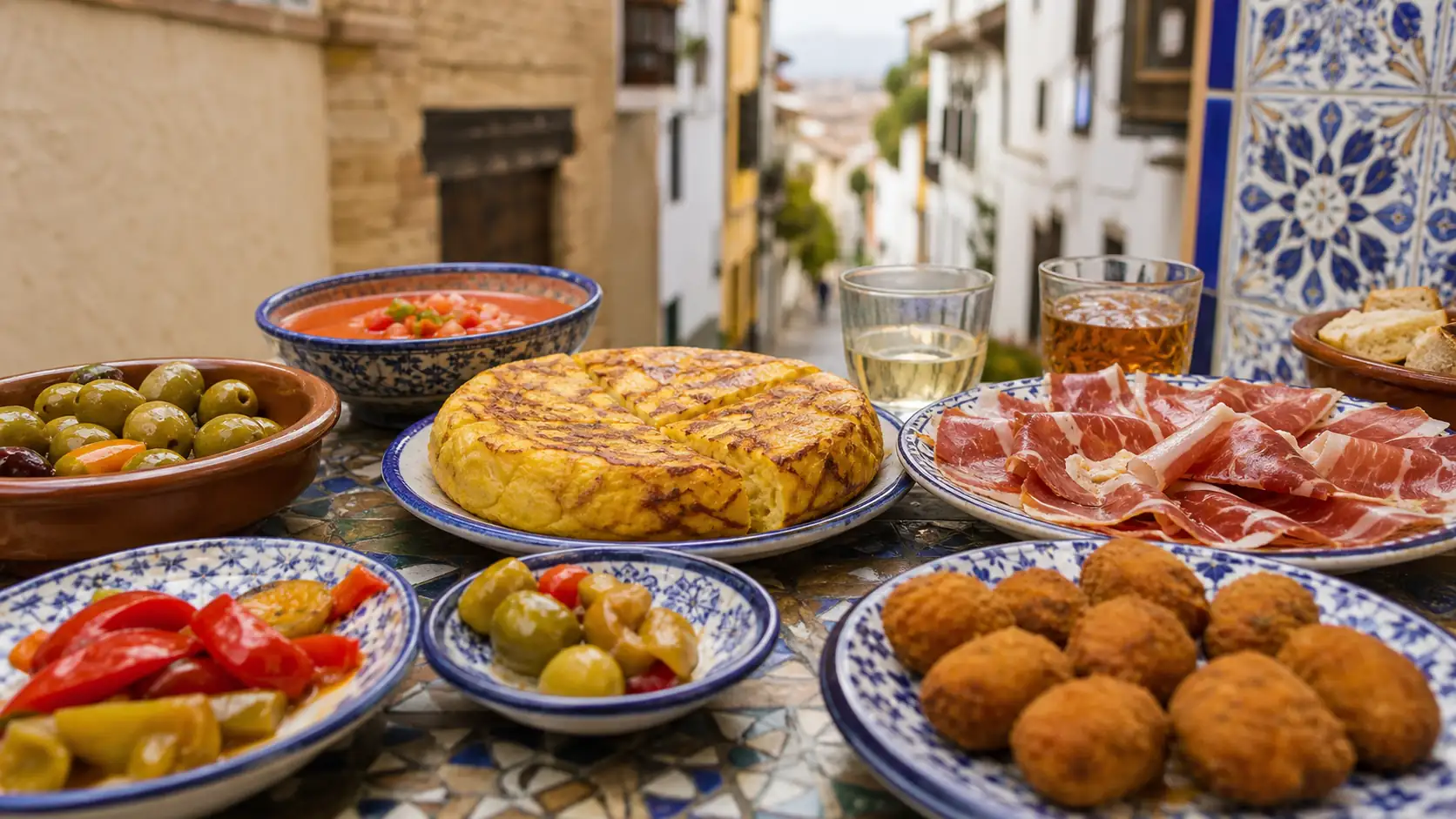 Granada tapas and Andalusian dishes on a ceramic table Granada tapas and Andalusian dishes on a ceramic table