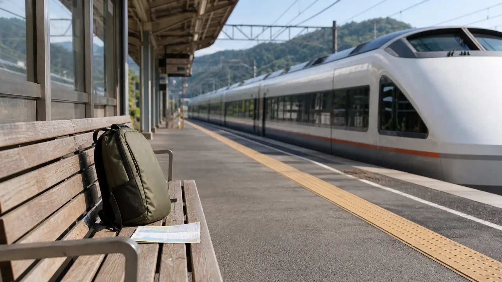 Hands-free rail travel in Japan Daypack on a quiet Japanese railway platform after forwarding luggage