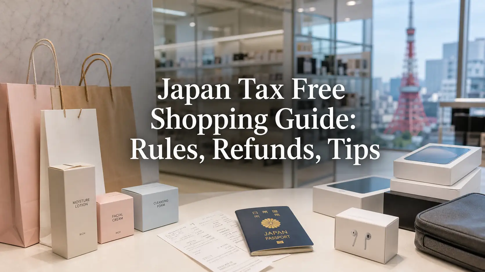 Japan tax free shopping guide with passport receipts and shopping bags Japan tax free shopping guide with passport receipts and shopping bags
