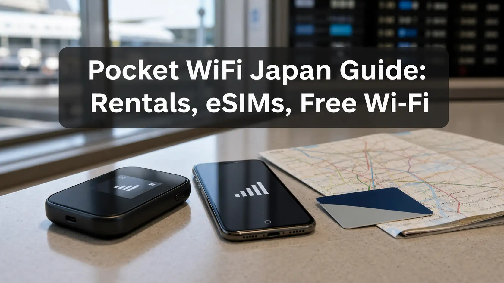 Pocket WiFi Japan guide hero image with router, smartphone and transit map Pocket WiFi Japan guide hero image with router, smartphone and transit map