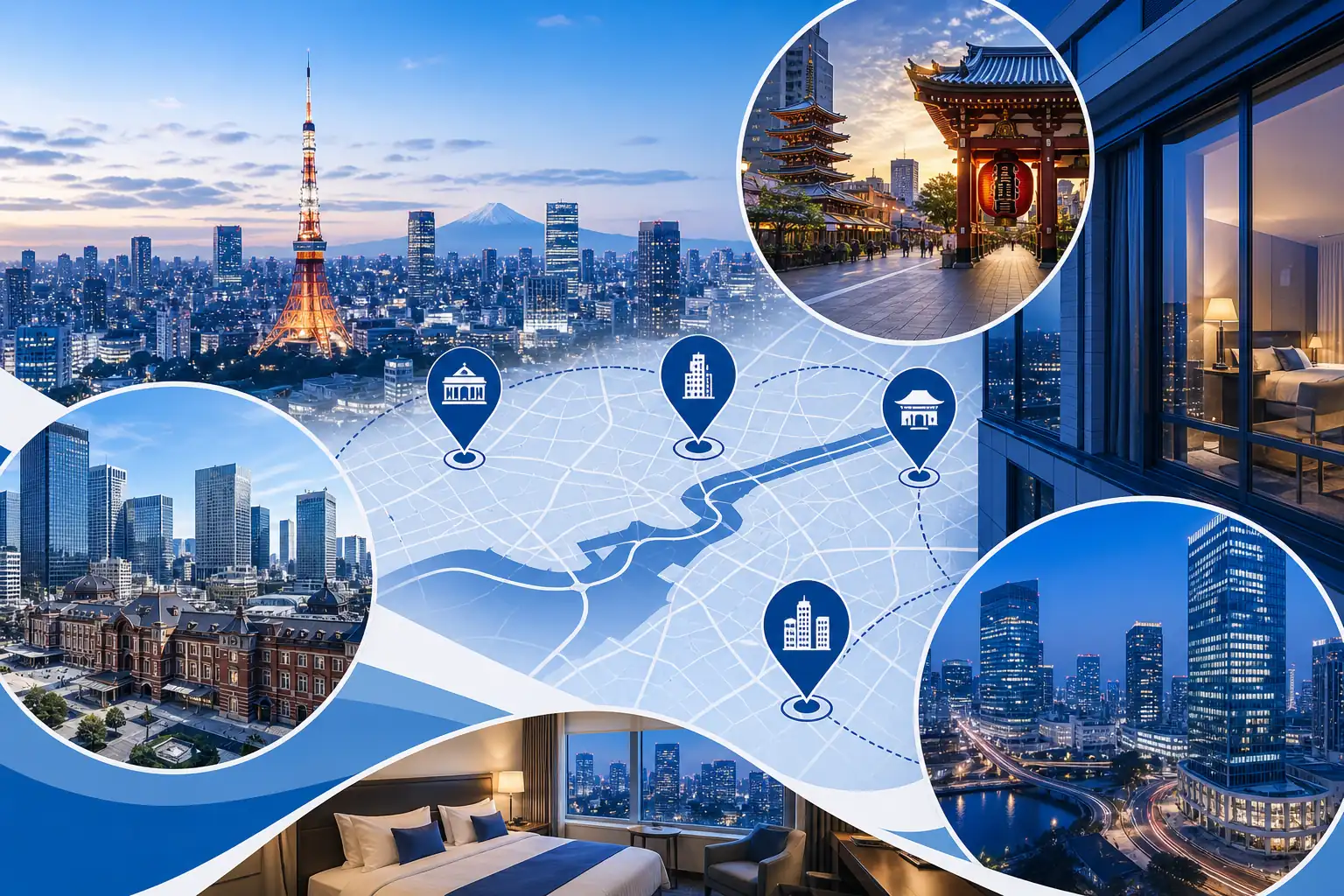 Tokyo skyline with highlighted hotel districts and major station areas Tokyo skyline with highlighted hotel districts and major station areas