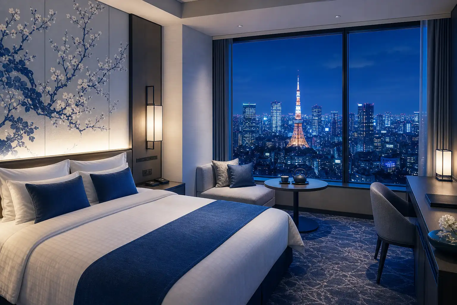 Stylish Tokyo hotel room and city night view representing different stay styles Stylish Tokyo hotel room and city night view representing different stay styles