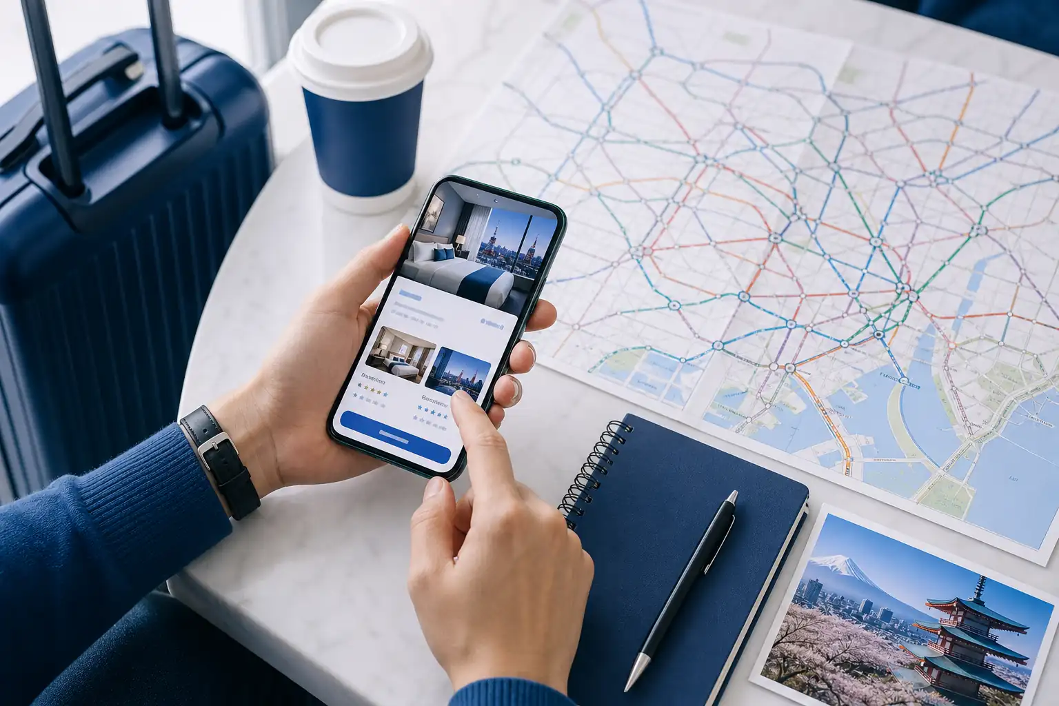 Traveler planning a Tokyo hotel booking with train map and phone in hand Traveler planning a Tokyo hotel booking with train map and phone in hand