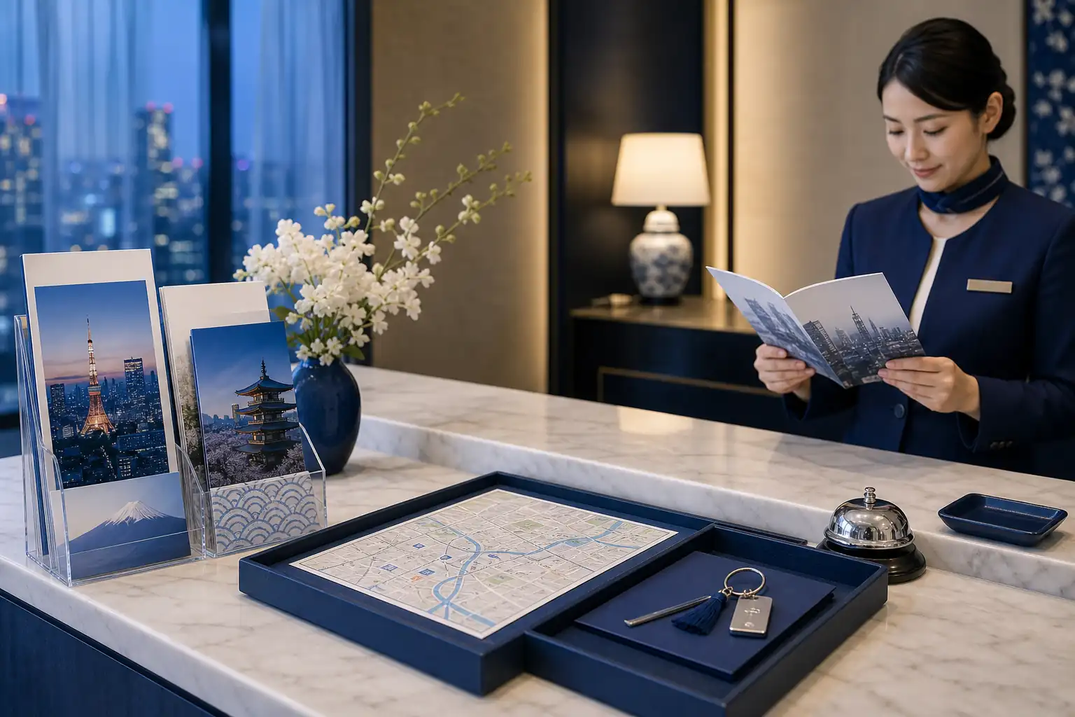 Tokyo hotel concierge desk with travel planning materials Tokyo hotel concierge desk with travel planning materials
