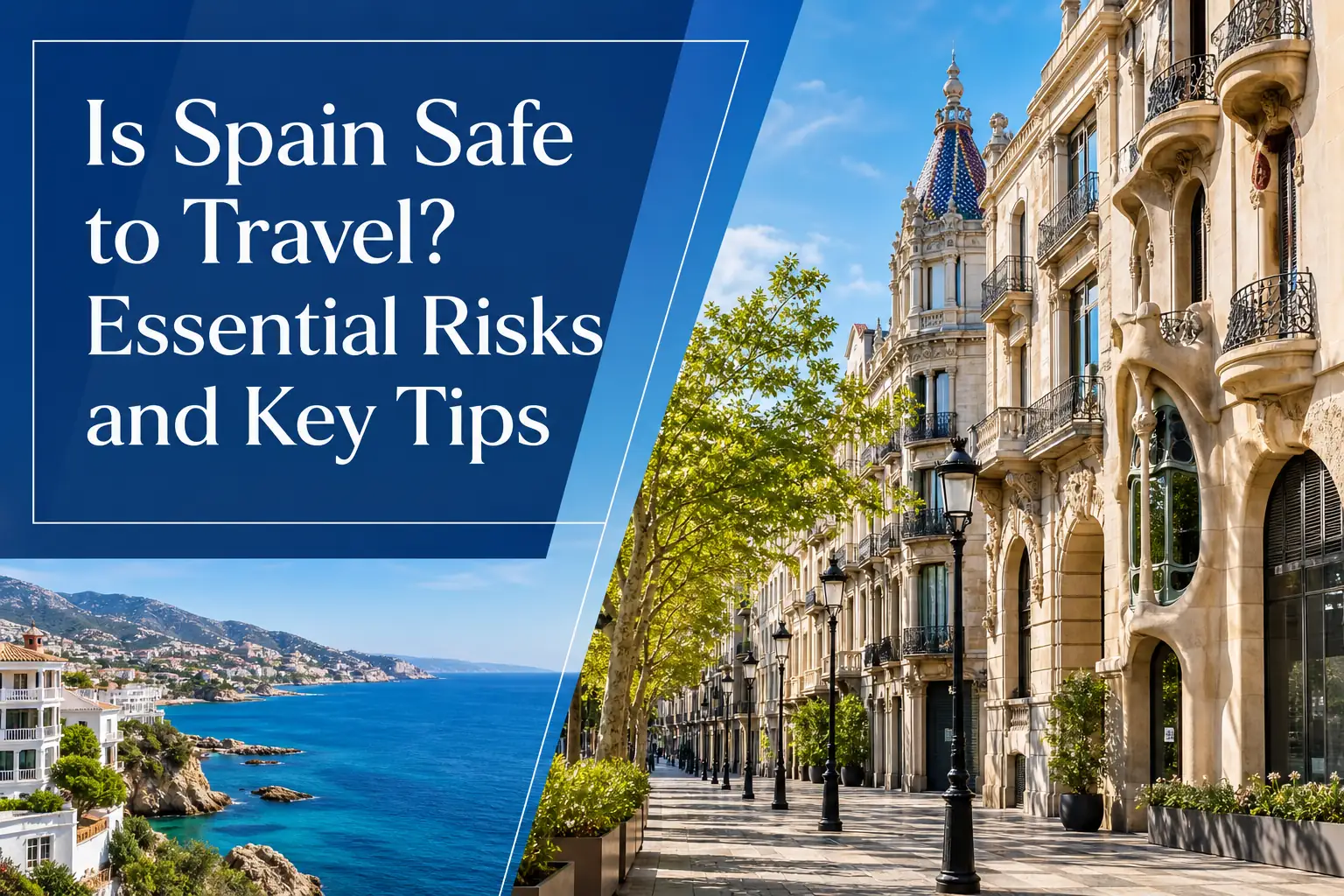 Is Spain Safe to Travel cover with a sunny Spanish coastal street Is Spain Safe to Travel cover with a sunny Spanish coastal street