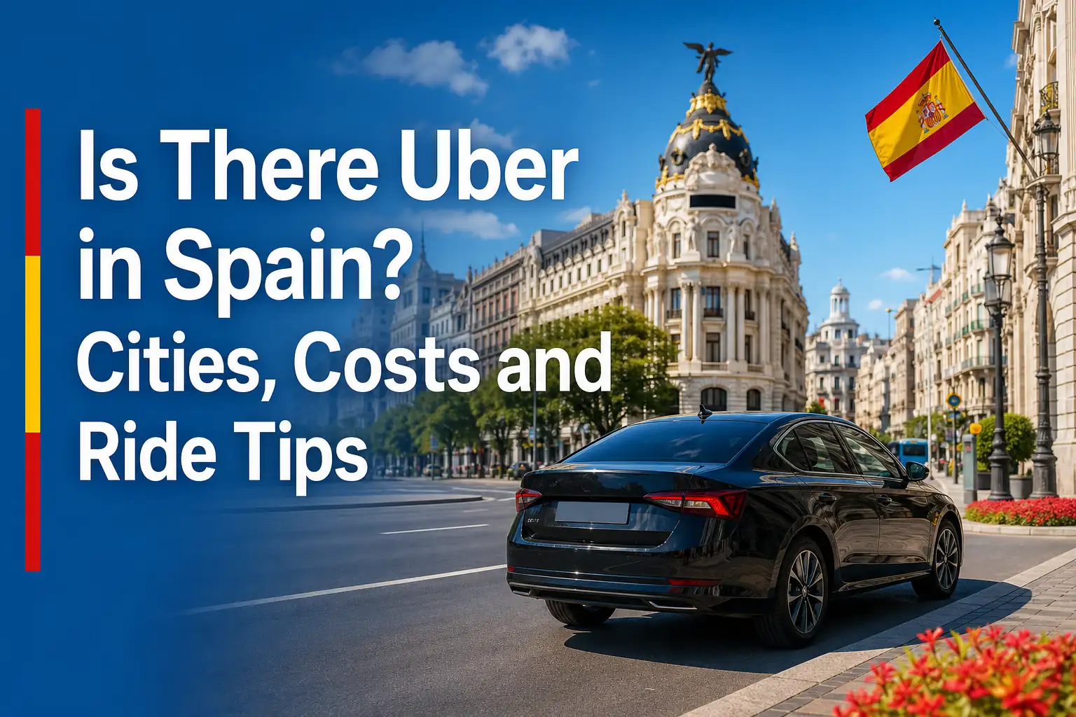 Is There Uber in Spain cover showing a ride-hailing car in Madrid