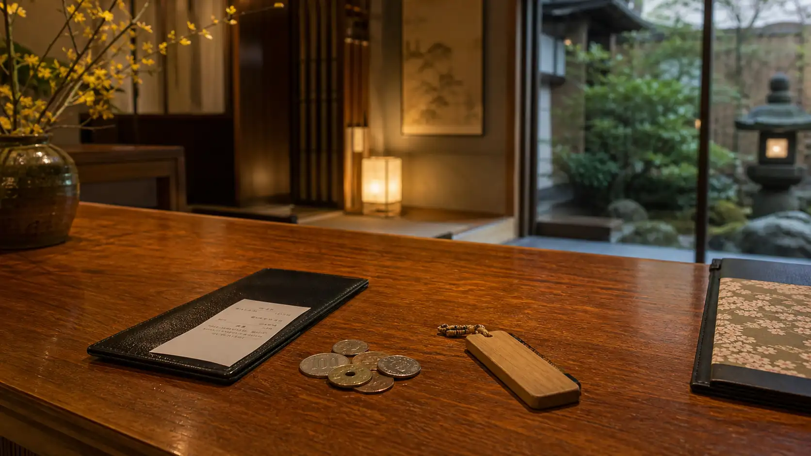 Japan accommodation tax receipt at a ryokan Quiet Kyoto style hotel counter with receipt and yen coins