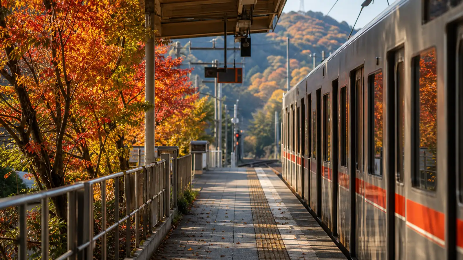 Quiet Japanese rail platform beside autumn trees Quiet Japanese rail platform beside autumn trees
