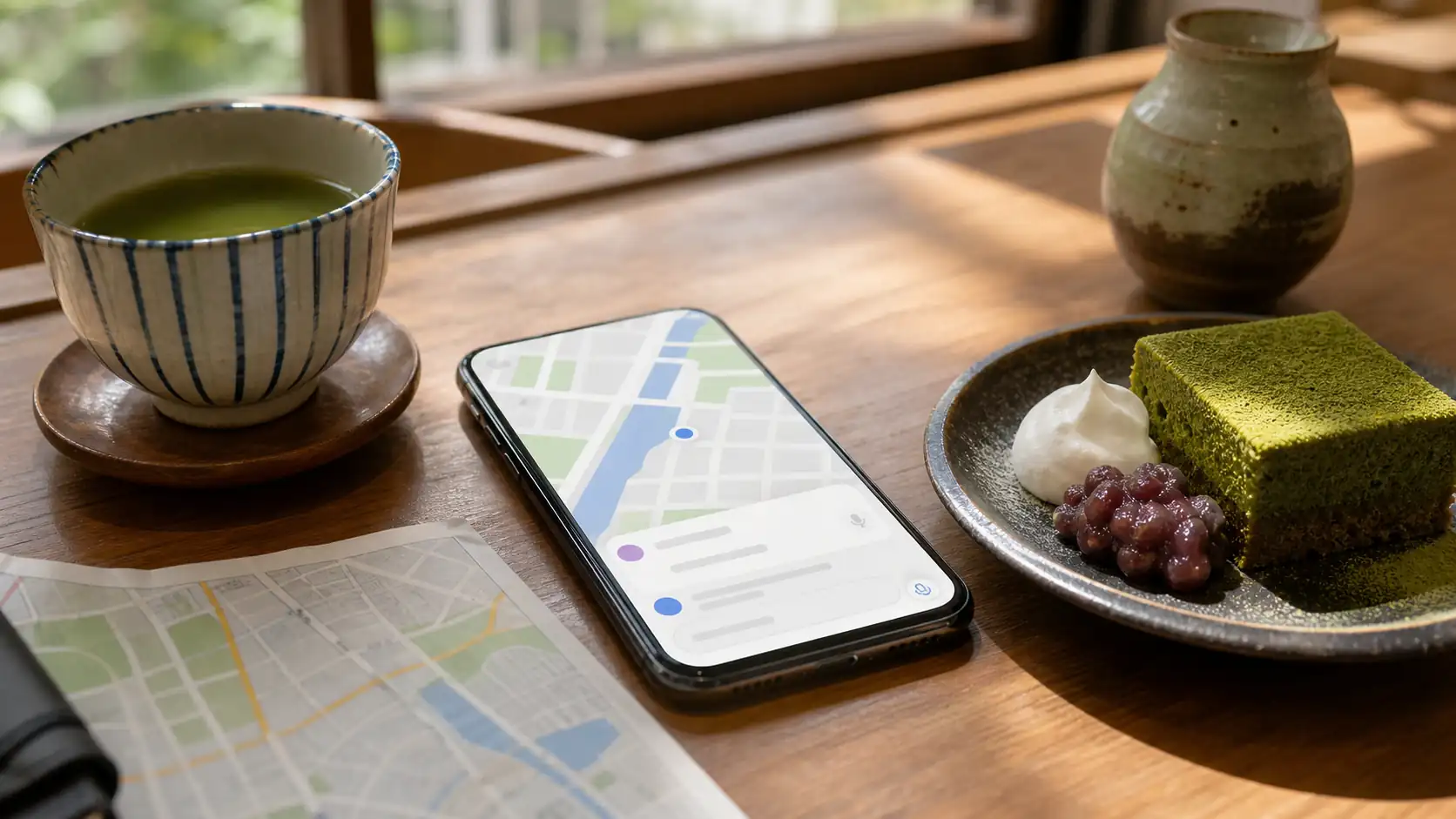 Staying connected while planning Japan food stops Smartphone map on cafe table with matcha dessert tea and paper map in Japan