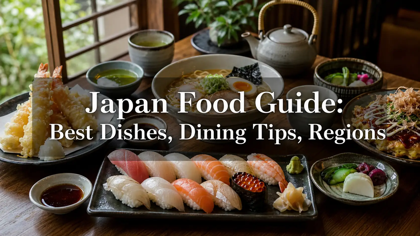 Japan Food Guide: Best Dishes, Dining Tips, Regions Japan food guide title image with sushi ramen tempura and regional dishes