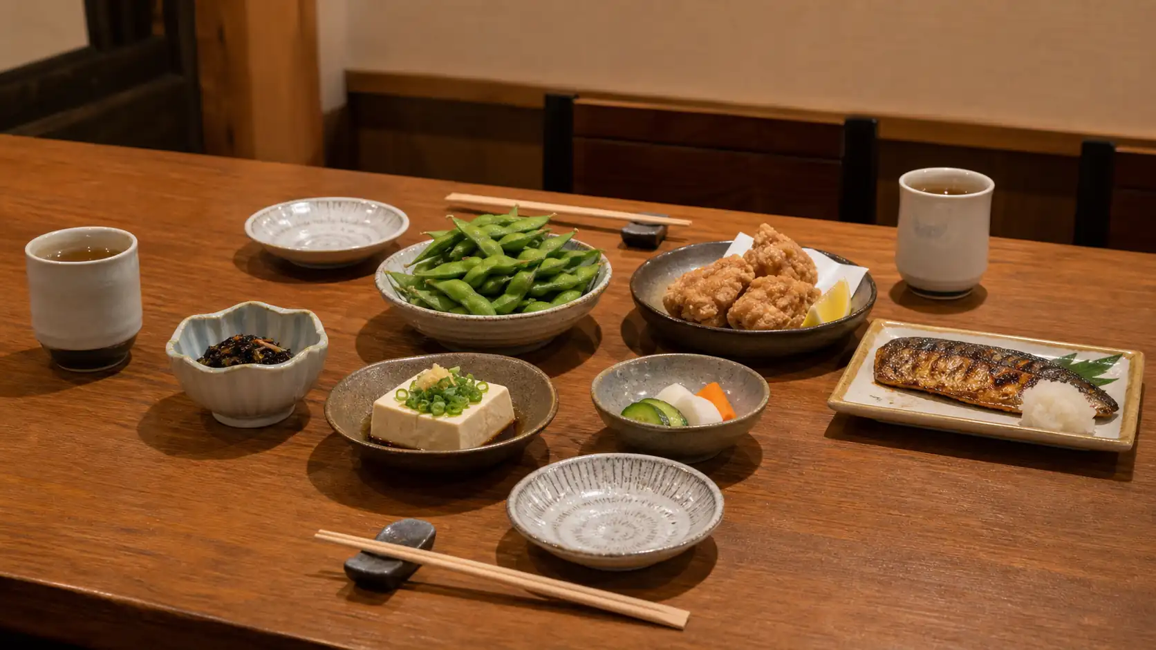 Japanese dining etiquette and izakaya shared plates Izakaya table with shared plates tea chopsticks tofu grilled fish and edamame